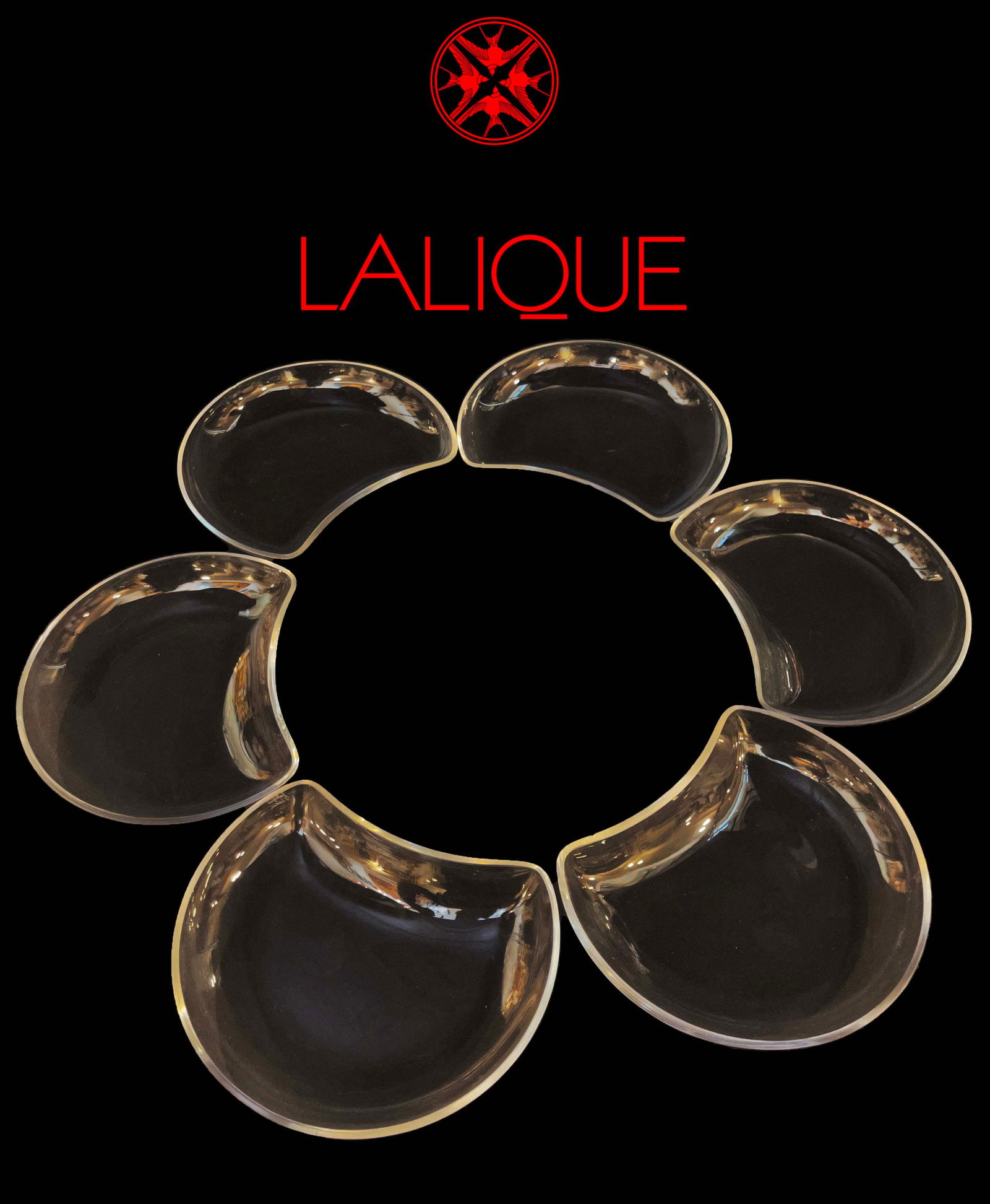 A Set Of Six Lalique Crystal Crescent Fish Bones Plates, Signed: A Set Of Six French Lalique Crystal Crescent Fish Bones Plates, Signed. 5" x 6"