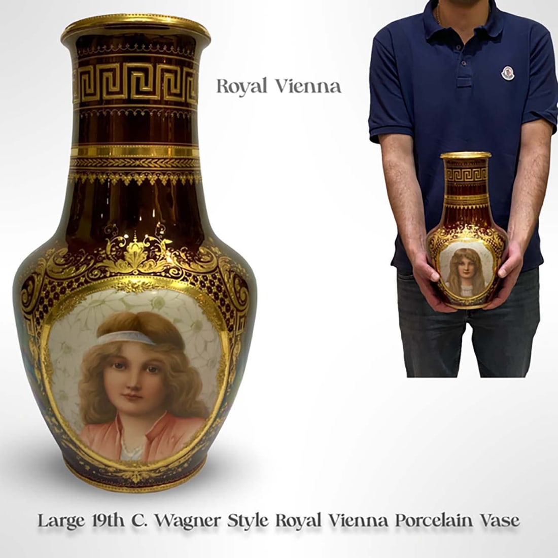A Large 19th C. Royal Vienna Hand Painted Porcelain Vase, Hallmarked: A Large 19th C. Austrian Royal Vienna Wagner Style two ladies portraits Hand Painted Porcelain Vase, Hallmarked.