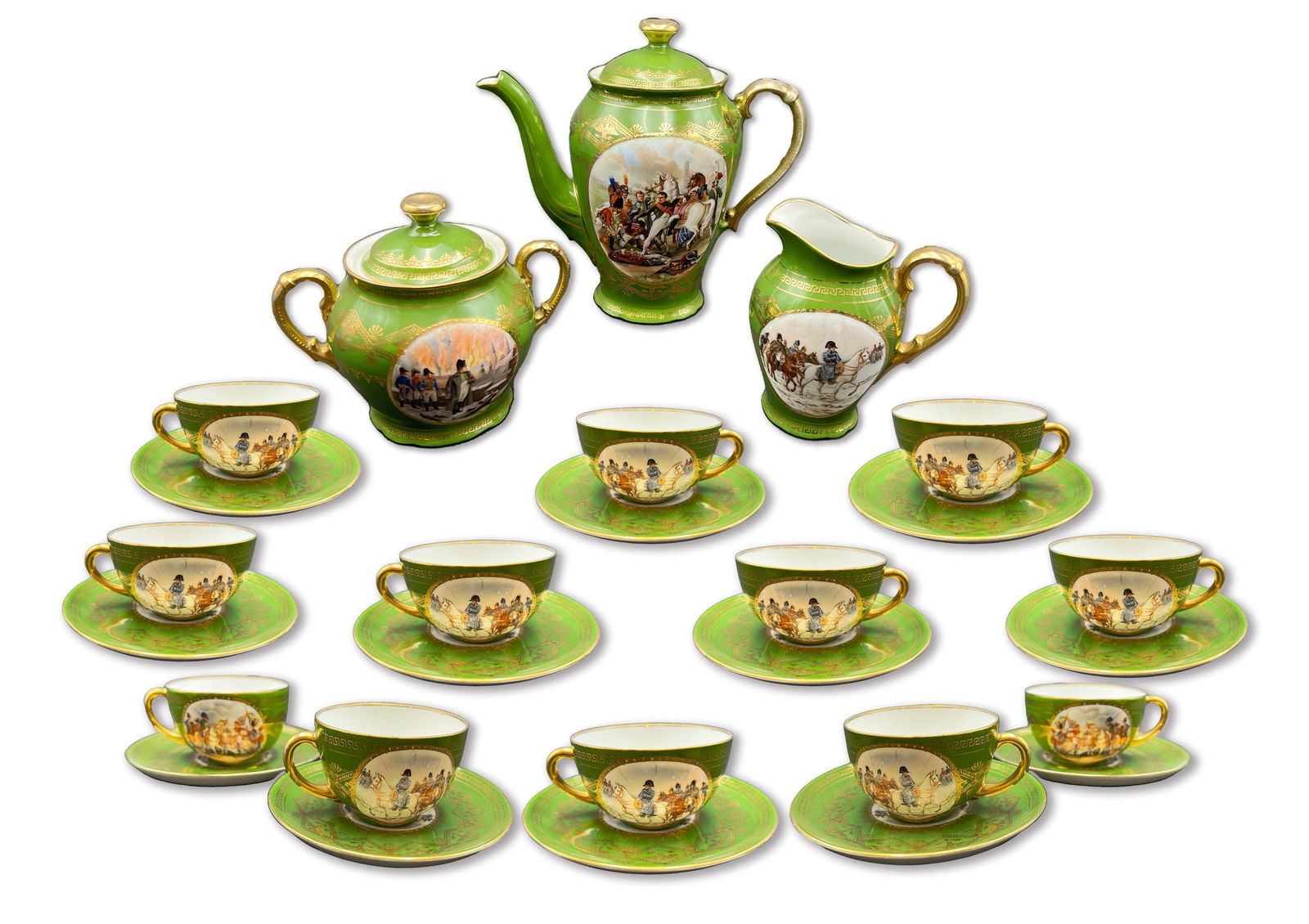 19th C. Napoleon Sevres Style Porcelain Tea Set: 19th C. Napoleon Sevres Style Porcelain Tea Set. Cup 4.5" x 2" H, Saucer: 6" D, Creamer: 5" x 3" x 5" H, Sugarcane: 7" x 5" x 6", Teapot 9" x 4" x 9" H