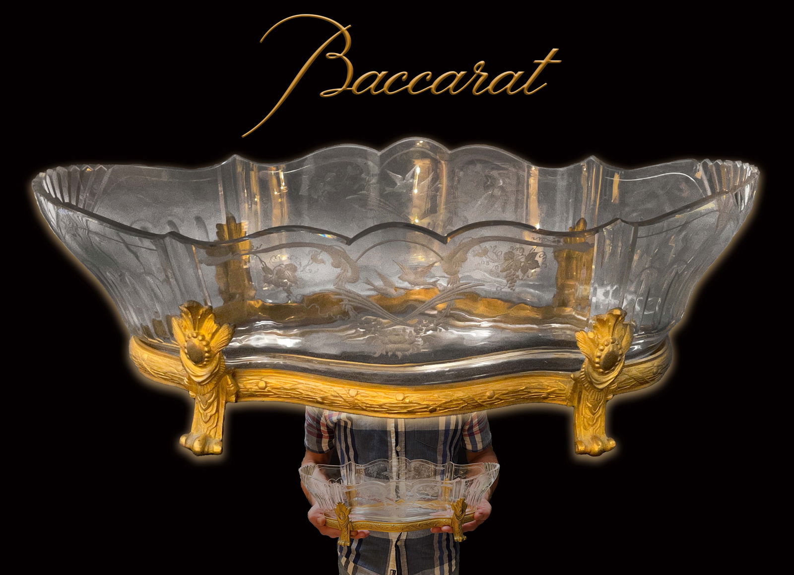 19th C. French Baccarat Crystal & Ormolu Bronze Centerpiece: 19th C. French Baccarat Crystal & Ormolu Bronze Centerpiece. 17" x 8" x H 6"