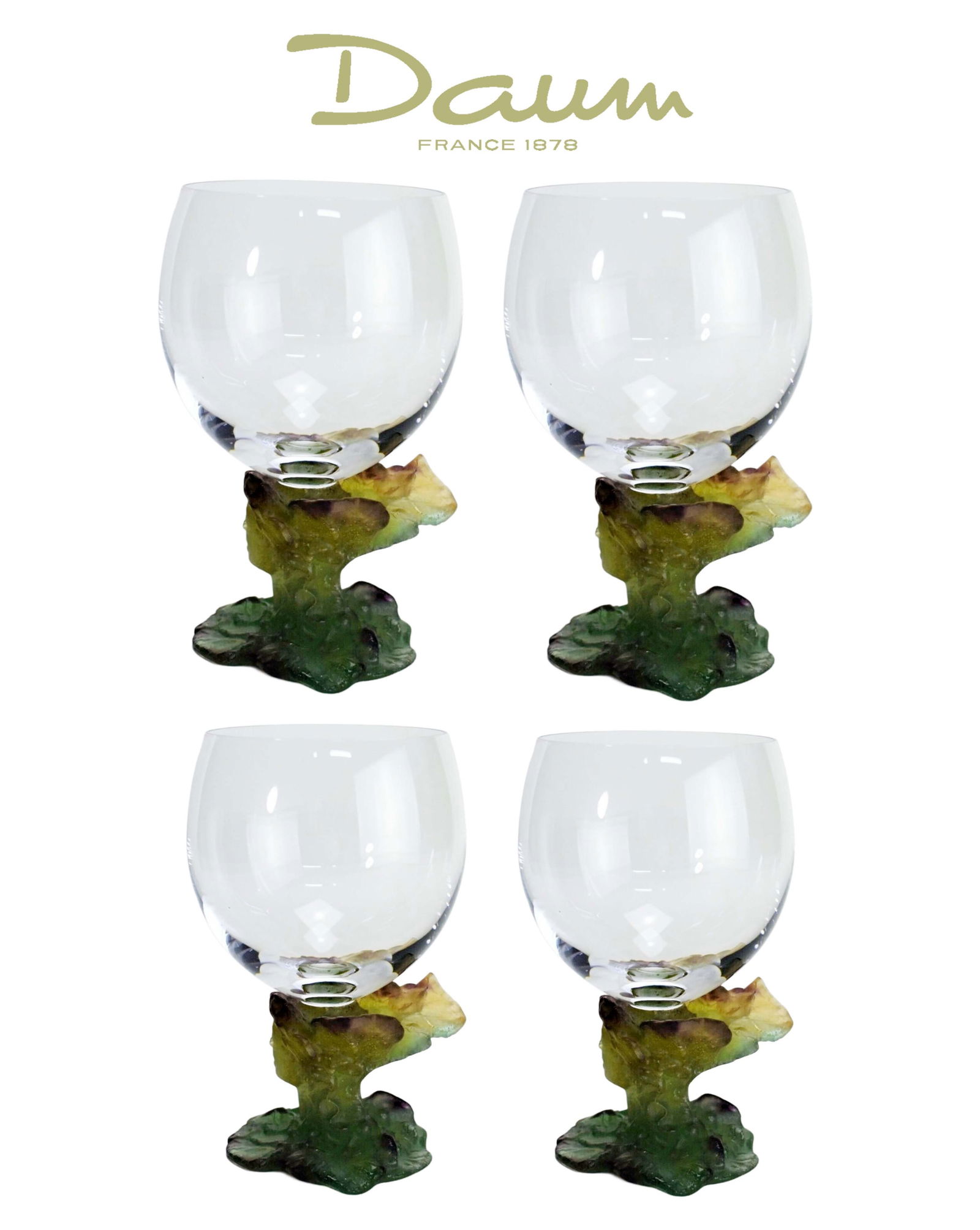A Set of 4 Large French DAUM Art Crystal Bacchus Model Cognac Glasses, Signed: A Set of Four Large French DAUM Art Glass Crystal Bacchus Model Cognac Glasses, Signed. H 6.4"