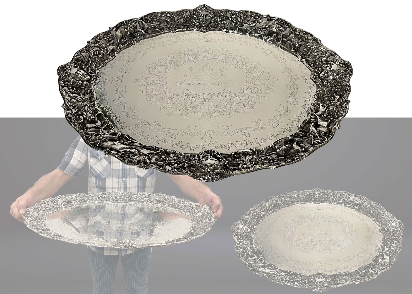 A Large & Heavy 19th C. English Memorial Silver Figural Tray: A Large & Heavy 19th C. English Memorial Silver Figural Tray. Weight: 5200 Grams. 23"x 27" x 2.75" H
