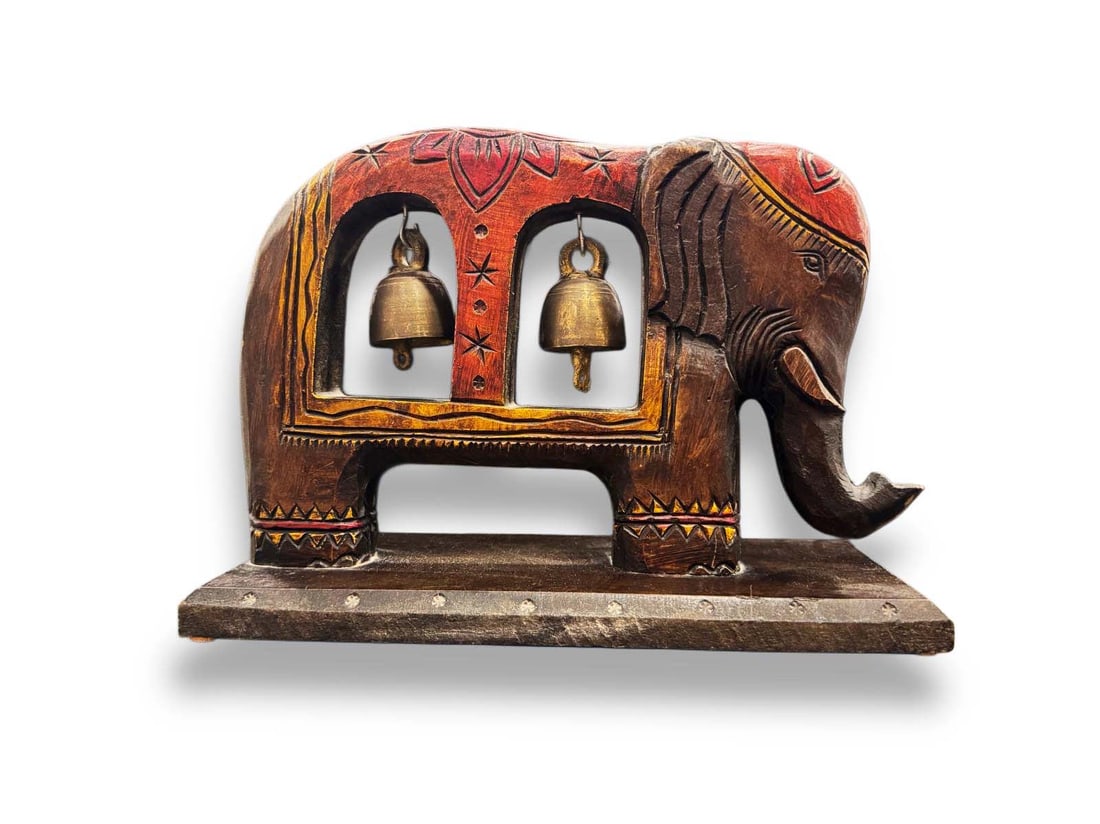 A Vintage Wooden Elephant Bronze Bells Sculpture: A Vintage Wooden Elephant Bronze Bells Statue. 11.5" x 4.5"