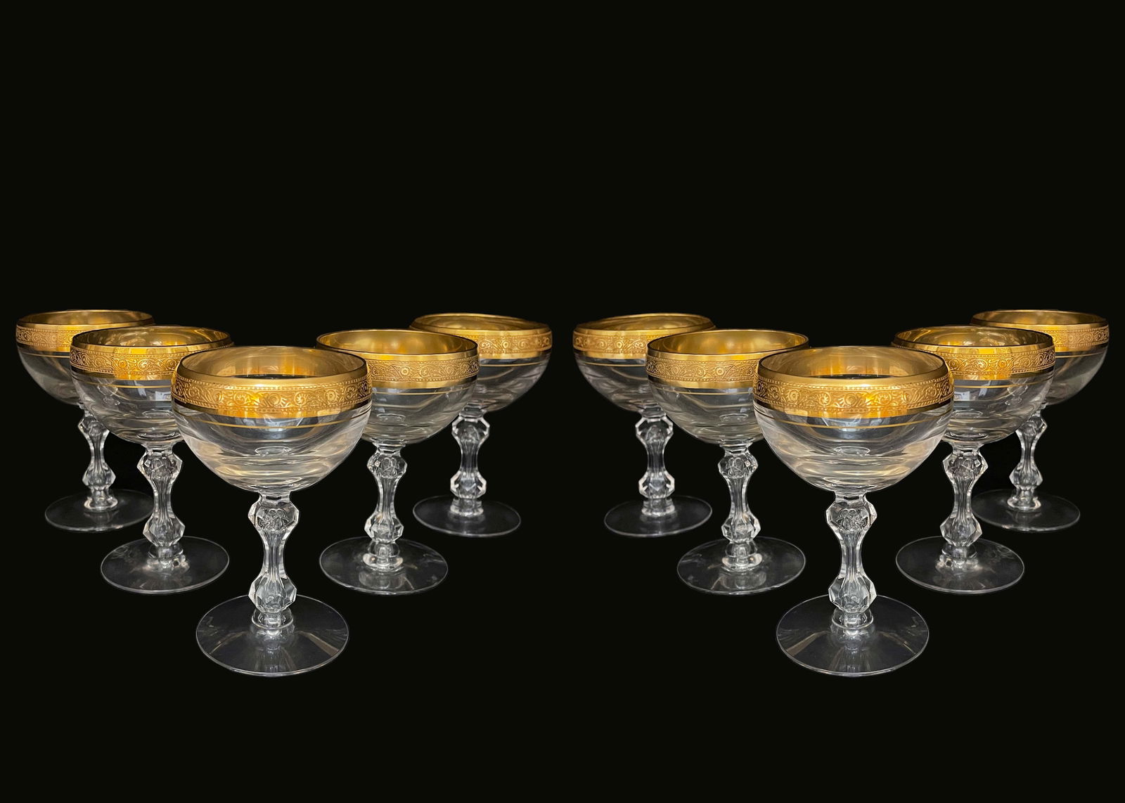 A Set Of Ten Westchester By Tiffin-Franciscan Gold Encrusted Band Crystal Wine Glasses: A Set Of Ten Westchester by Tiffin-Franciscan Gold Encrusted Band Crystal Wine Glasses. 3.5" D x 5.5" H