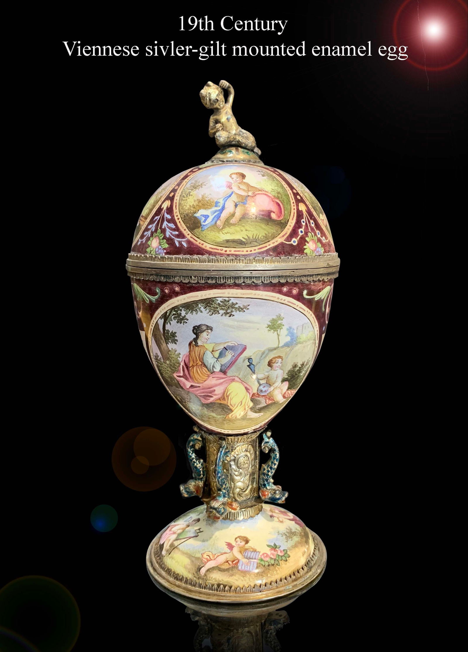 19th C. Austrian Viennese Enamel Silver egg/Lidded Box: 19th C. Austrian Viennese Hand Painted Enamel Silver egg/Lidded Box. H 6" x D 2.75"
