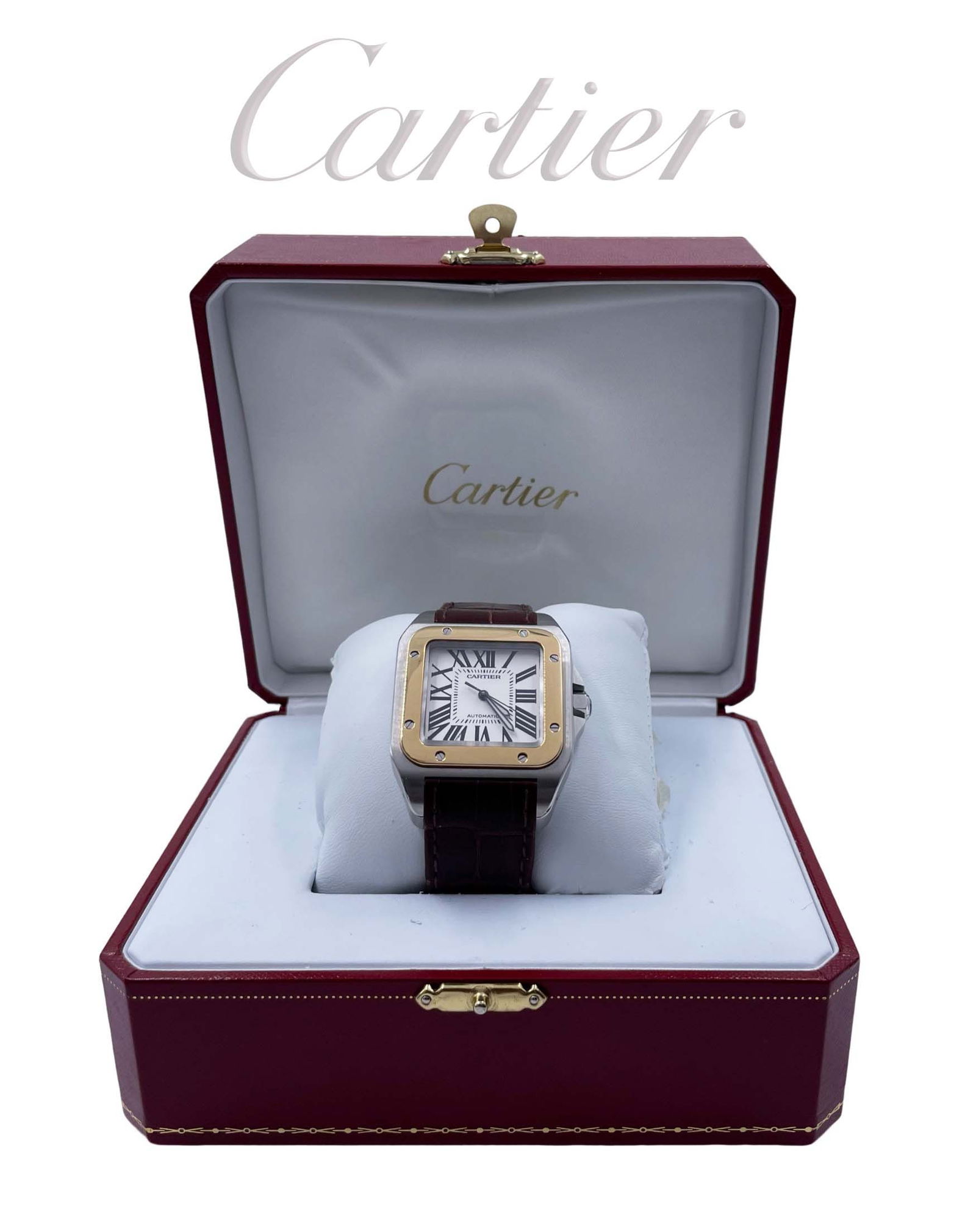 A Cartier Santos XL Stainless Steel & 18k Rose Gold Watch: A Cartier Santos XL Stainless Steel & 18k Rose Gold Boxed Watch.