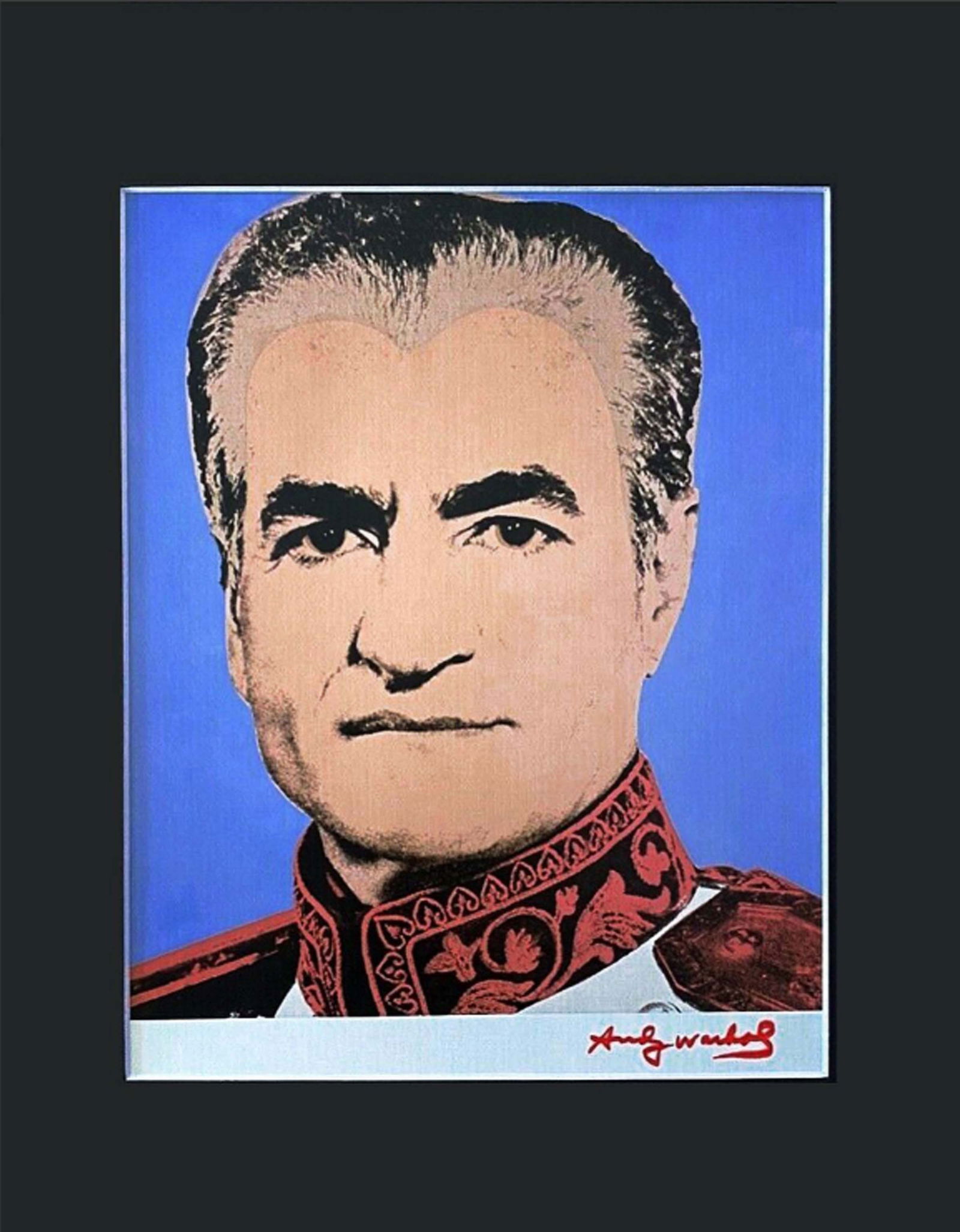 Iran King Mohammad Reza Shah Pahlavi Portrait, ANDY WARHOL Lithography Print: Iran Persian King, Mohammad Reza Shah Pahlavi Portrait, An ANDY WARHOL Lithography Print. FACSIMILE SIGNATURE IN RED INK Matted Lithography. 1984 print. Brand new condition, Ready to frame. 11" x 14"