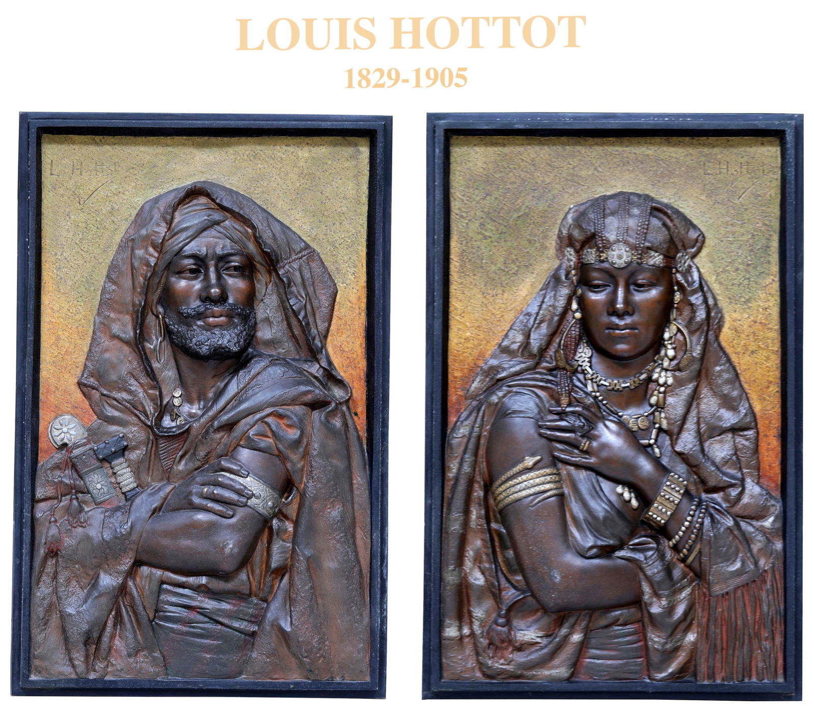 A Pair Of Orientalist Cold-Painted Bronze Wall Plaques By Louis Hottot (French, 1829-1905): A Pair Of Orientalist Cold-Painted Bronze Wall Plaques By Louis Hottot (French, 1829-1905). 25" x 16"