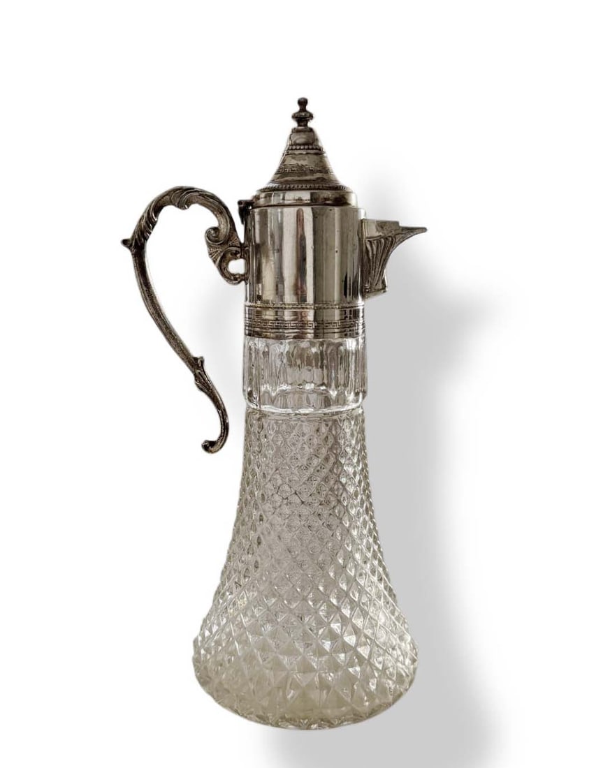 A Vintage Art Deco Style Diamond Point Crystal & Silverplate Wine Claret: An Art Deco Style Diamond Point Crystal & Silverplate Wine Claret. H 12" x W 4.5"