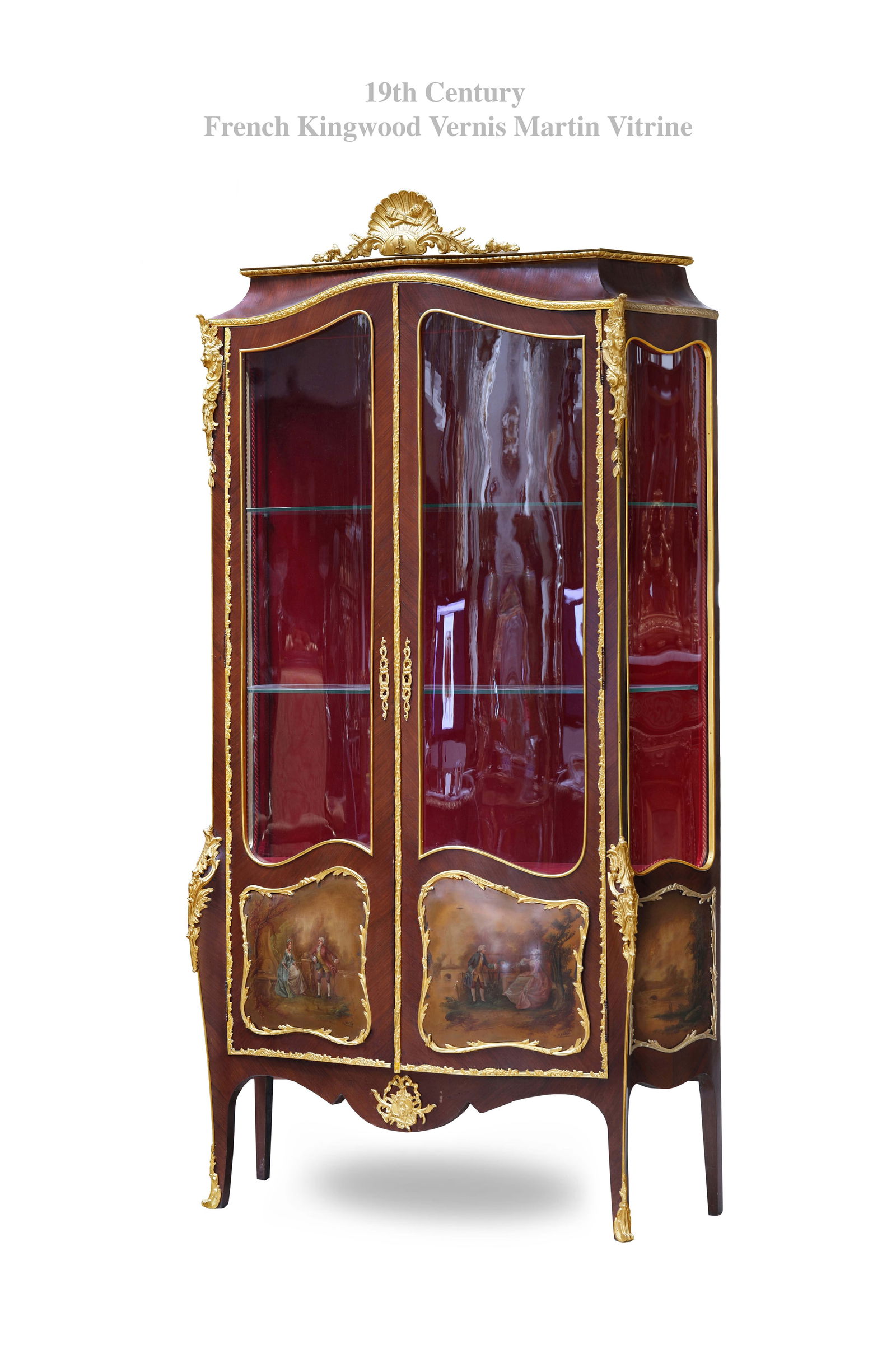 19th Century French Kingwood Vernis Martin Vitrine Cabinet: 19th Century French Kingwood Vernis Martin Vitrine Cabinet. H 79" x 35" x 15"