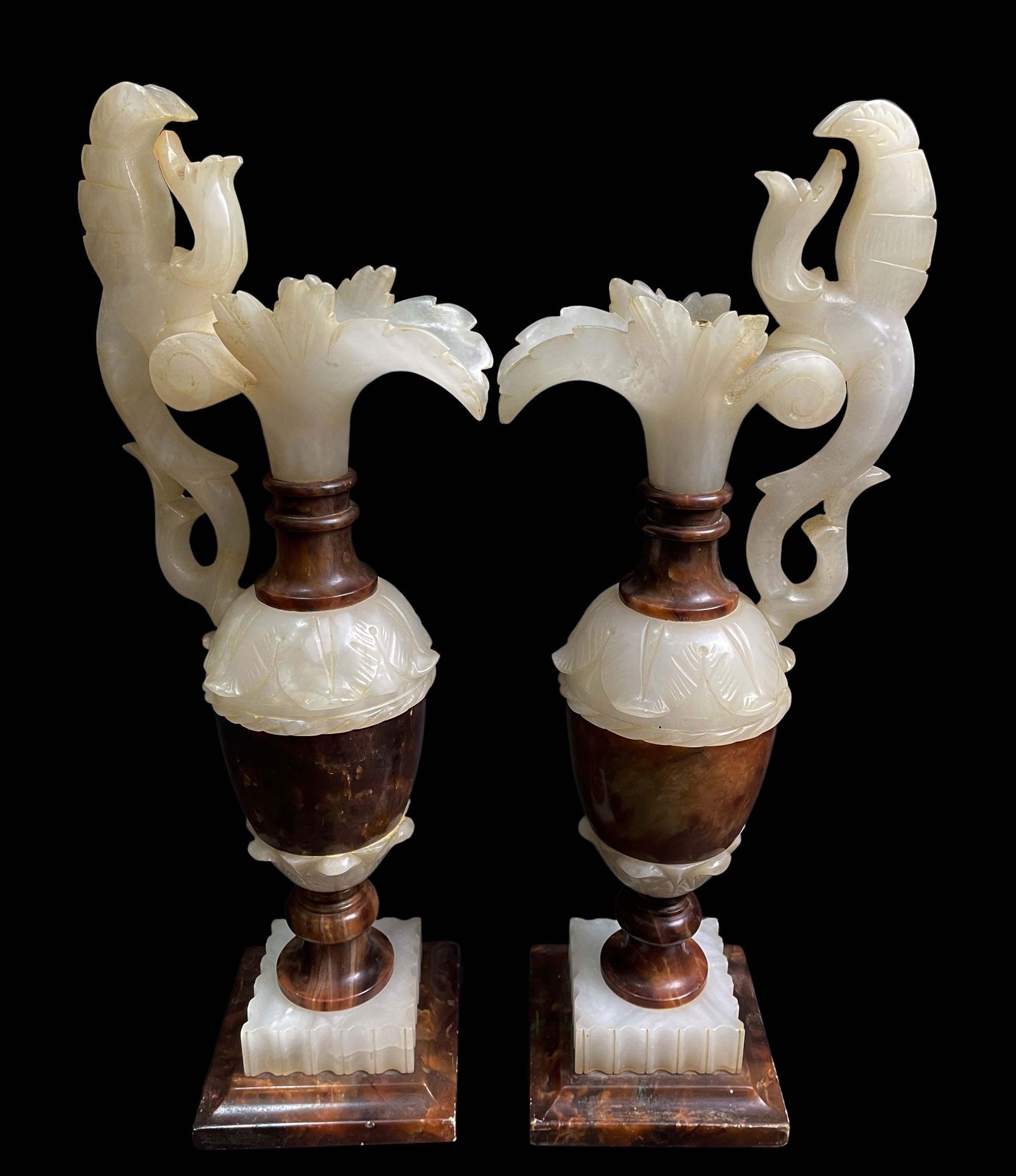 A Pair Of Chinese Figural Alabaster Ewers: A Pair Of Chinese Figural Alabaster Ewers. 17" H x 4.5" x 4.5"