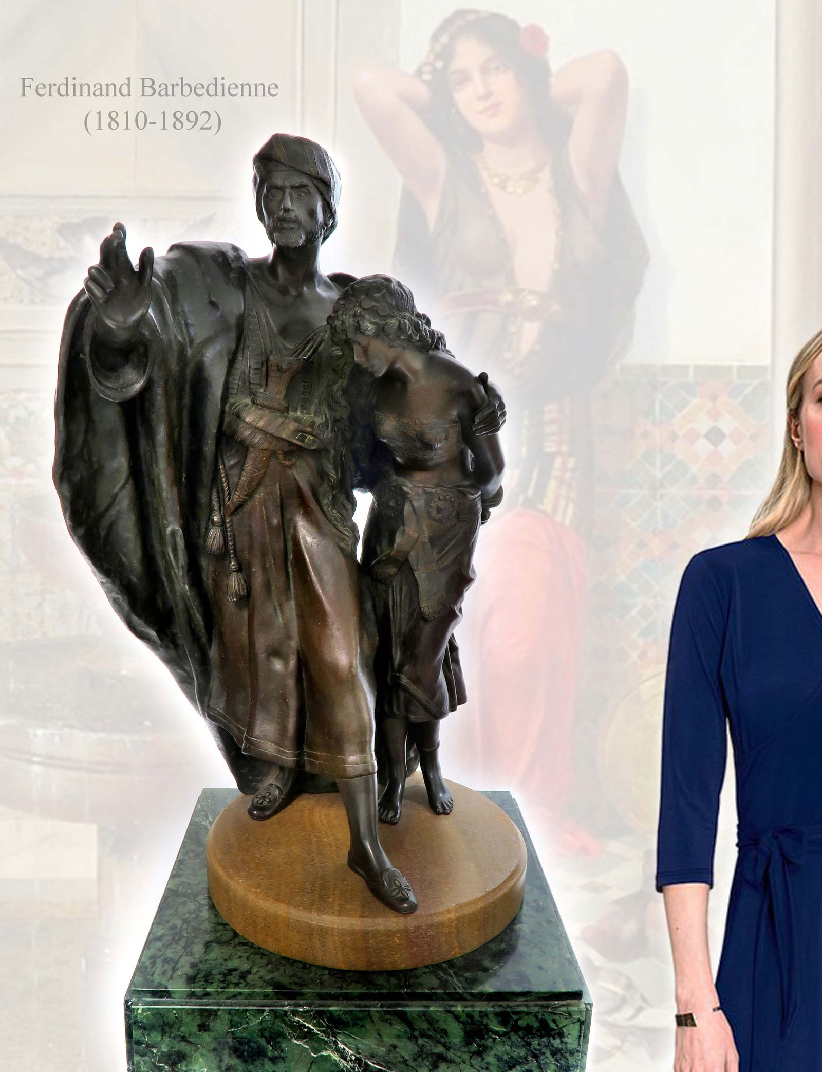 The Slave Trader, A Large 19th C. Ferdinand Barbedienne Signed Orientalist Bronze Sculpture: The Slave Trader, A Large 19th Century French Ferdinand Barbedienne Signed Orientalist Bronze Sculpture Group. H 26"