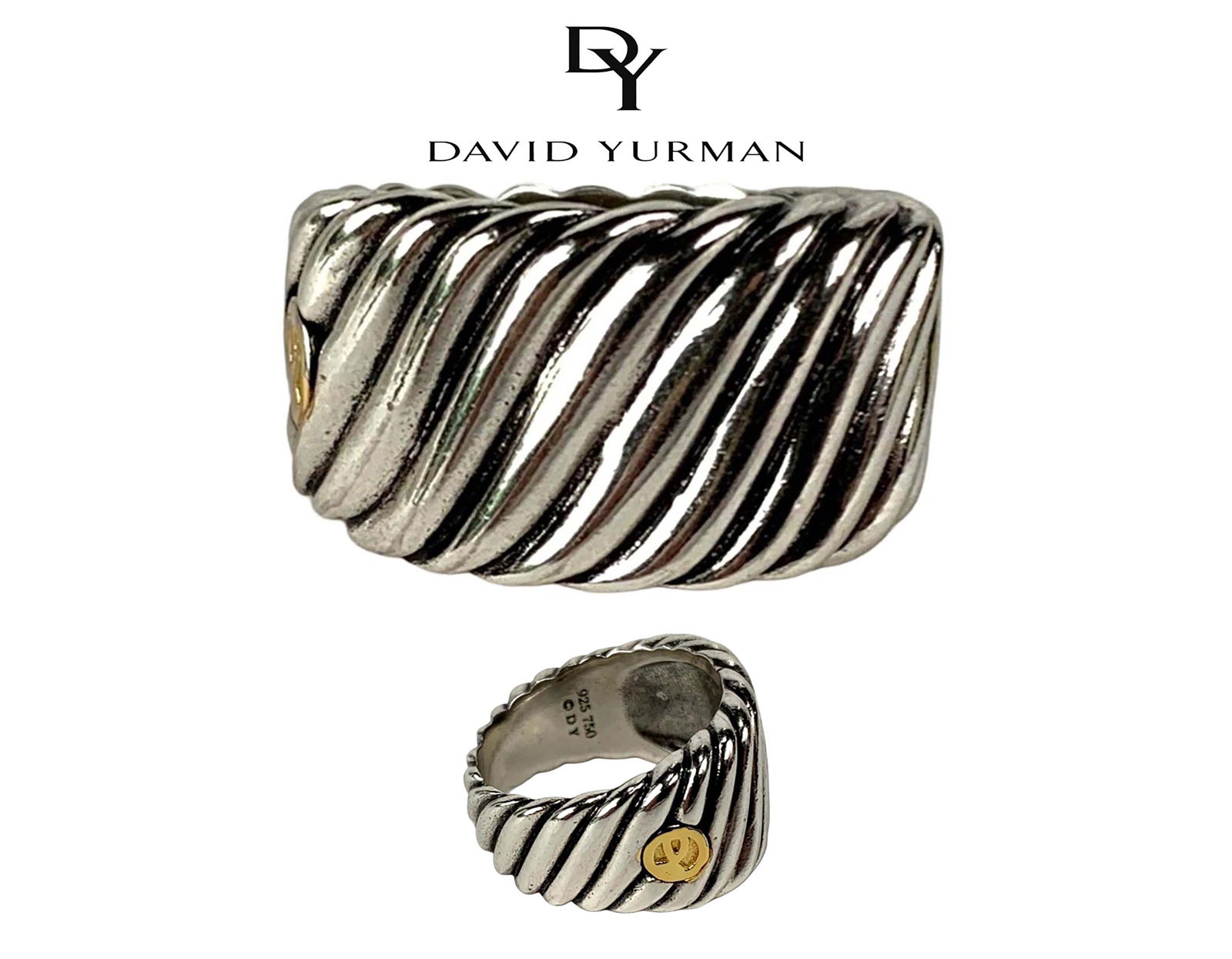 A David Yurman Sterling Silver 18k Gold Wide Band Ring, Hallmarked: A David Yurman Sterling Silver 18k Gold Wide Band Ring, Hallmarked. Size 9