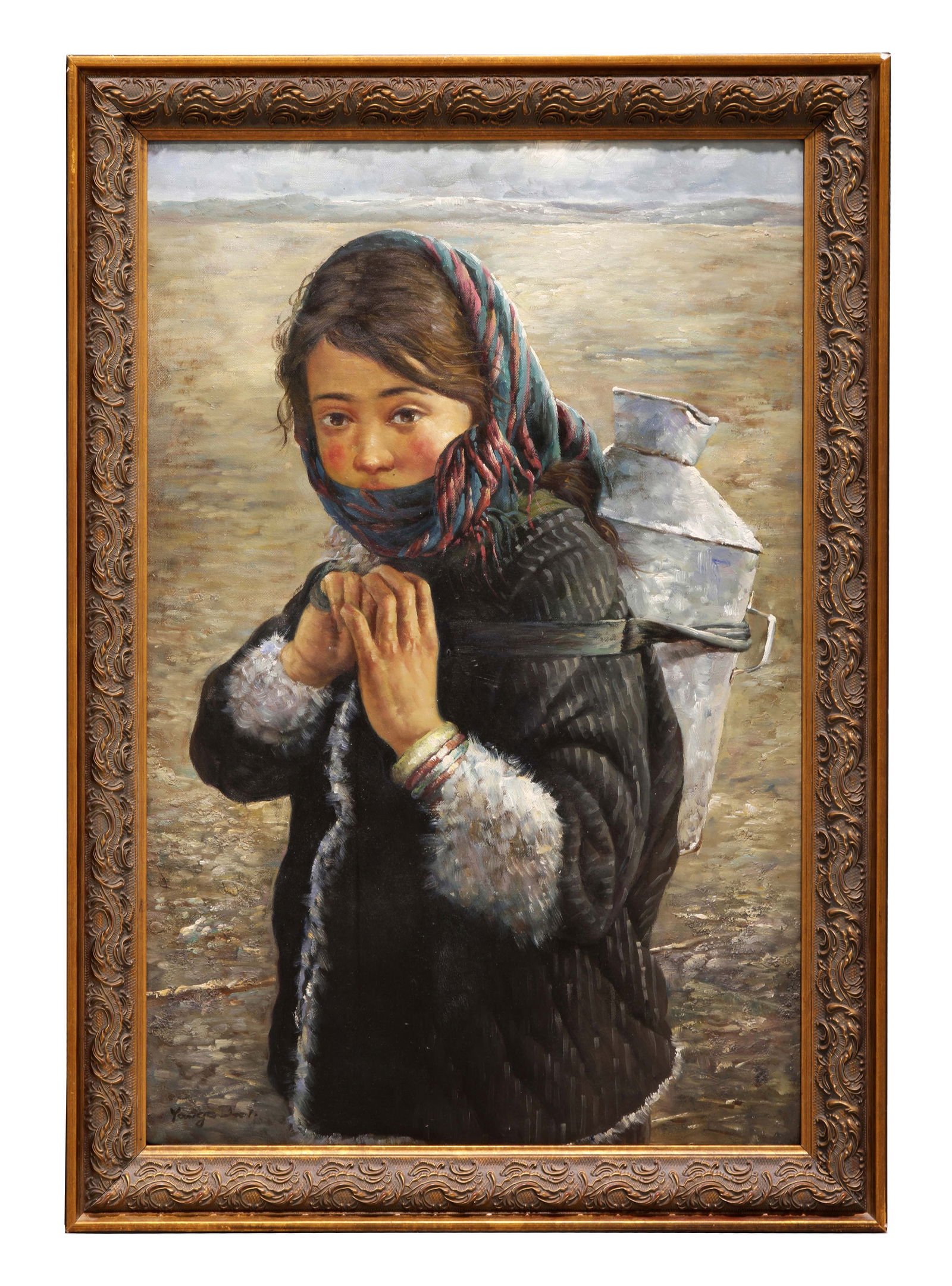 A Portrait Of Tibetan Girl, A Large Oil On Canvas Painting, Signed: Portrait Of Tibetan Girl, A Large Oil On Canvas Painting Signed By Artist. Frame: 41" x 29"