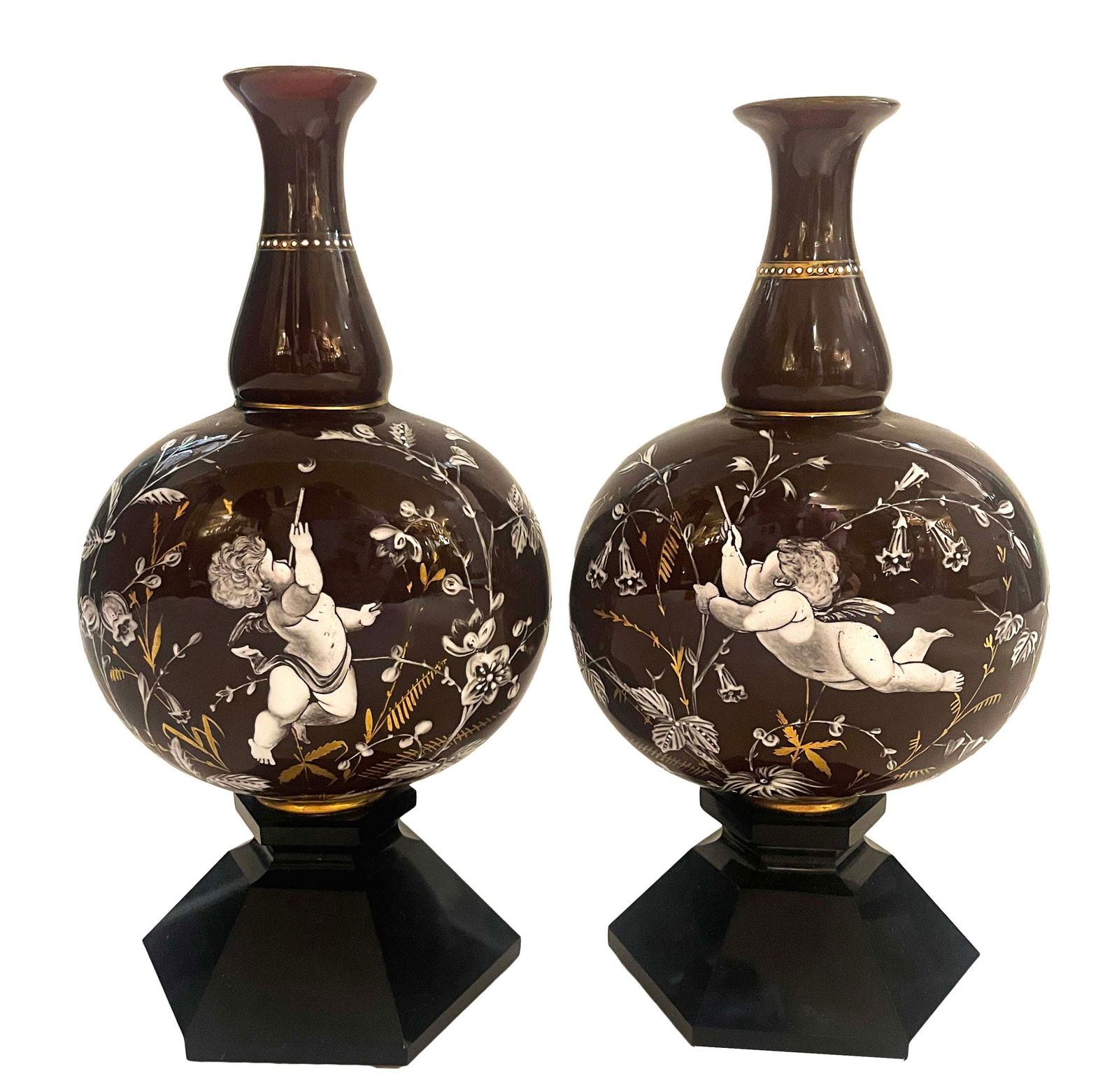 A Pair Of 19th C. Hand Painted Pate Sur Pate Vases: A Pair Of 19th C. Hand Painted Pate Sur Pate (paste to paste) Vases. 9" H x 4" x 3.5"