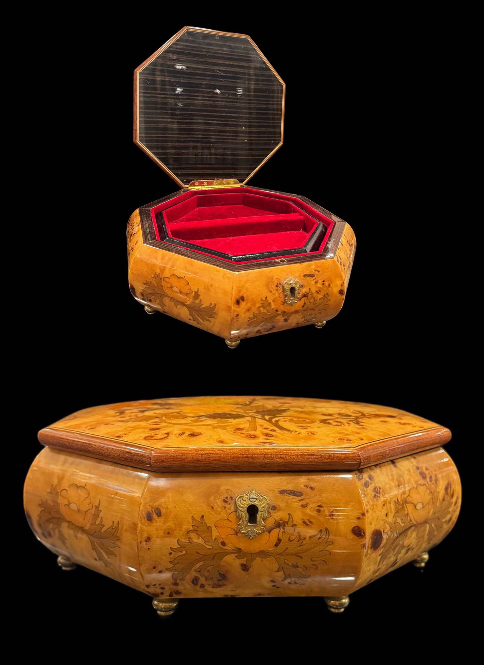 An Italian Reuge Octagon Wooden Inlay Jewelry Trinket Box: An Italian Reuge Octagon Wooden Inlay Jewelry Trinket Box. 9.5" x 9.5"