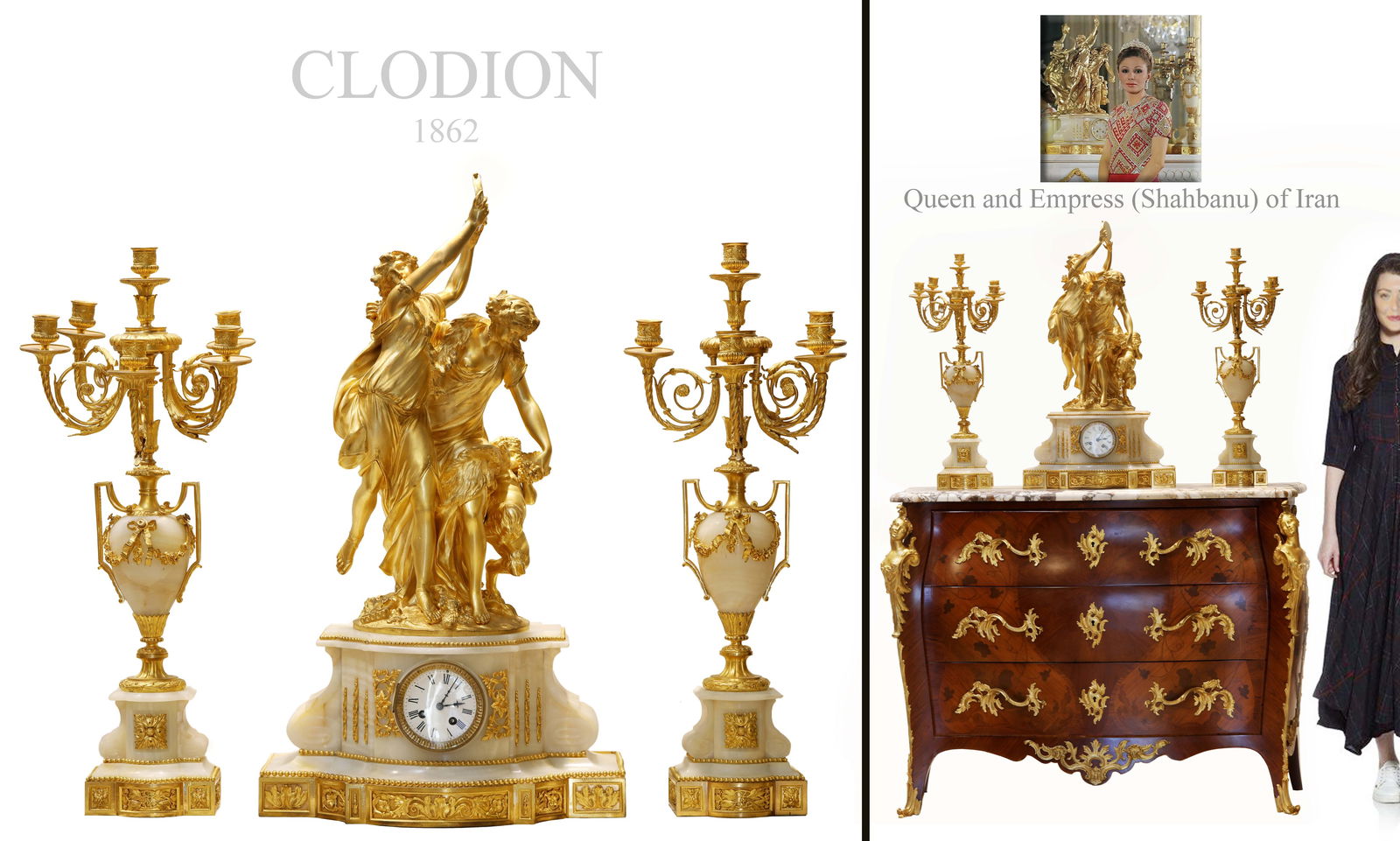19th Century French Clodion Onyx Figural Bronze Clock Set, Signed: 19th Century French Clodion Onyx Figural Bronze Clock Set, Signed. Circa 1862. Note: the base is NOT included! Candelabras: H 27.5" x D 12", Clock: H 32" x 18.5" x 10"