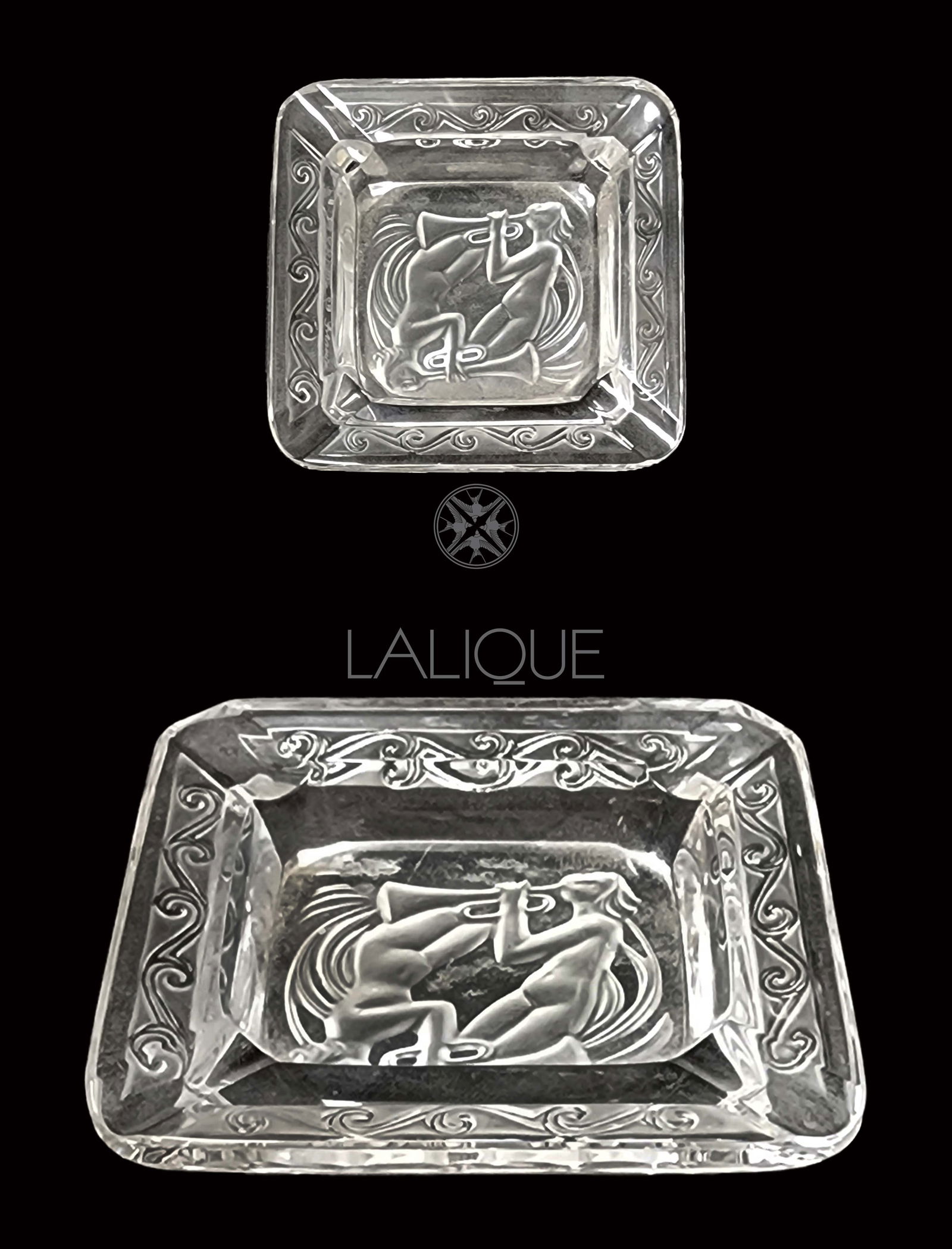 Nude Trumpeters Cendrier, A Lalique Crystal Glass Ashtray, Signed: Nude Trumpeters Cendrier, A French Lalique Crystal Glass Ashtray, Signed. 3" x 3"