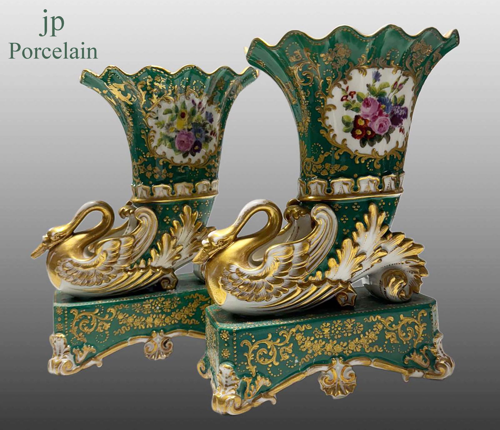 A Pair of French Jacob Petit Porcelain Swan Figural Cornucopia Vases, Hallmarked: A Pair of 19th C. Jacob Petit Porcelain Swan Figural Cornucopia Vases, Signed. 8.3" x 8.5"