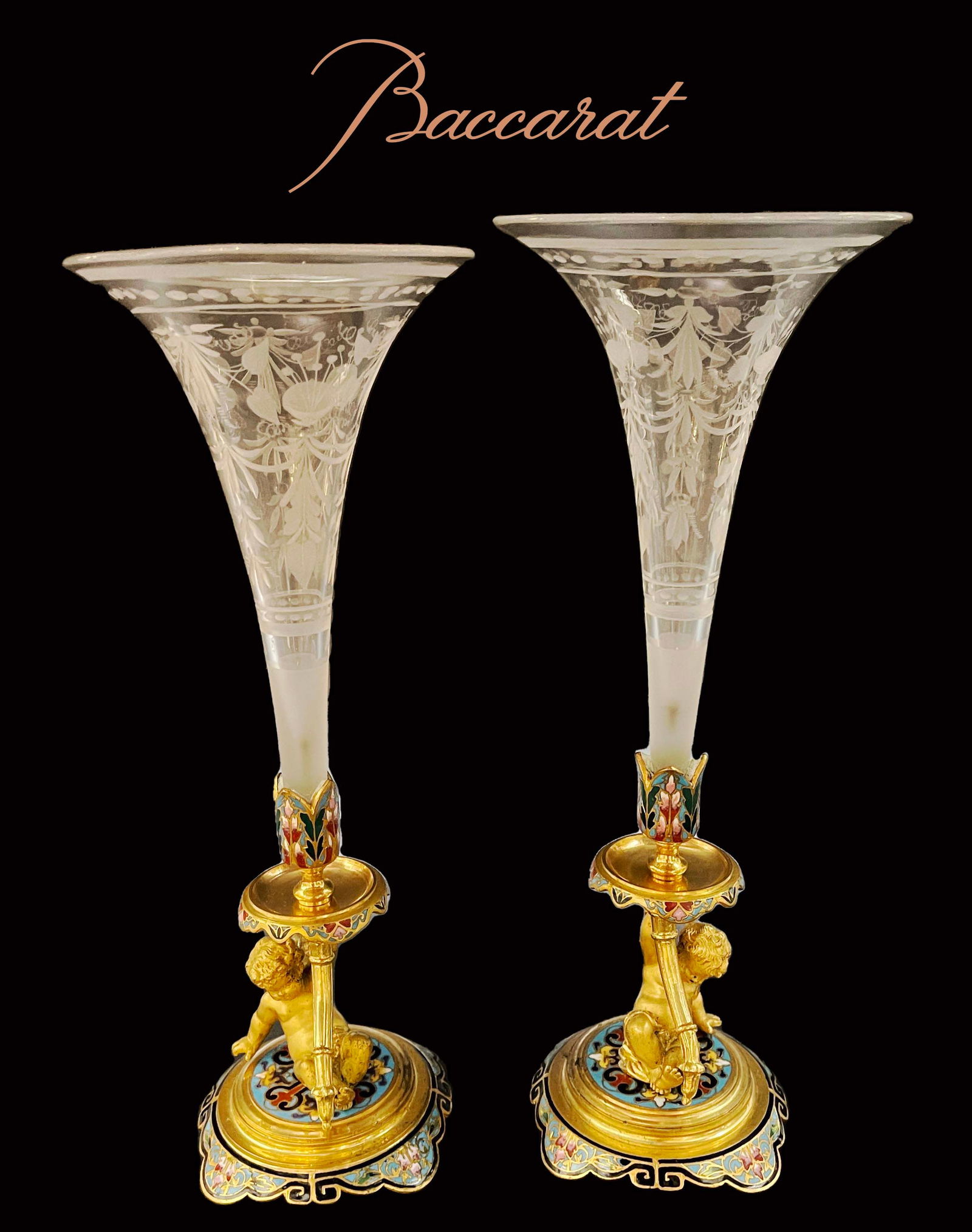 A Pair Of 19th C. Figural Champleve Bronze $ Baccarat Crystal Candlesticks: A Pair Of 19th C. French Figural Champleve Enameled Bronze $ Baccarat Crystal Candlesticks. 11" H X 4" D