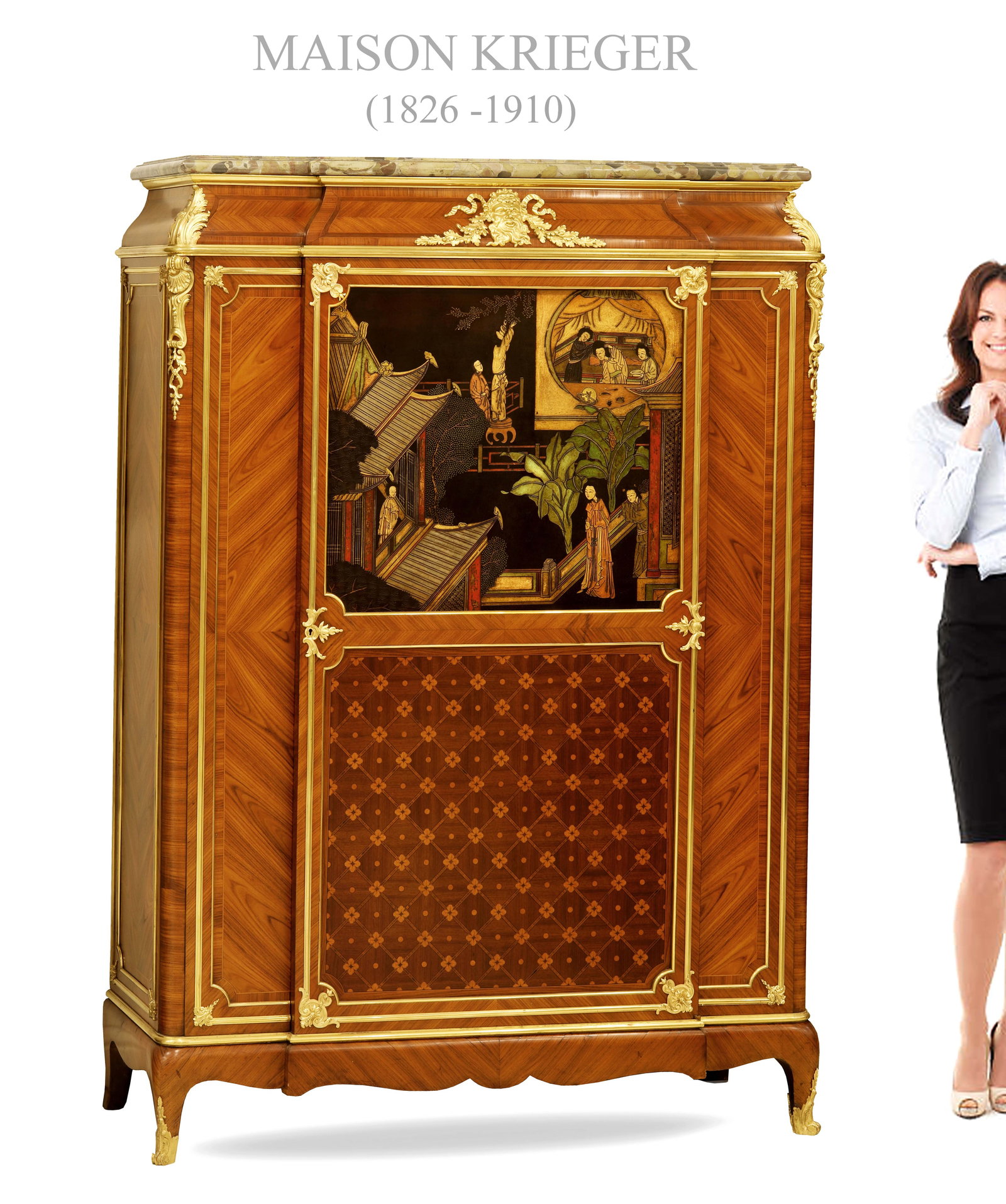 19th C. French Maison Krieger Chinoiserie Mounted Parquetry Side Cabinet: 19th C. French Maison Krieger Chinoiserie Mounted Parquetry Side Cabinet. H 65" x 44" x 17"