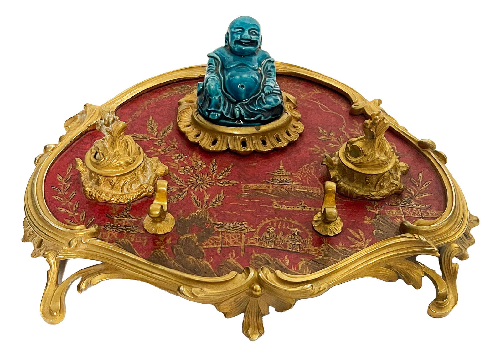 19th C. Millet Signed Chinoiserie Gilt Bronze & Lacquer Inkwell: 19th C. French Chinoiserie Gilt Bronze & Lacquer Inkwell, Signed Millet A Paris. 12" x 10" x 5" H