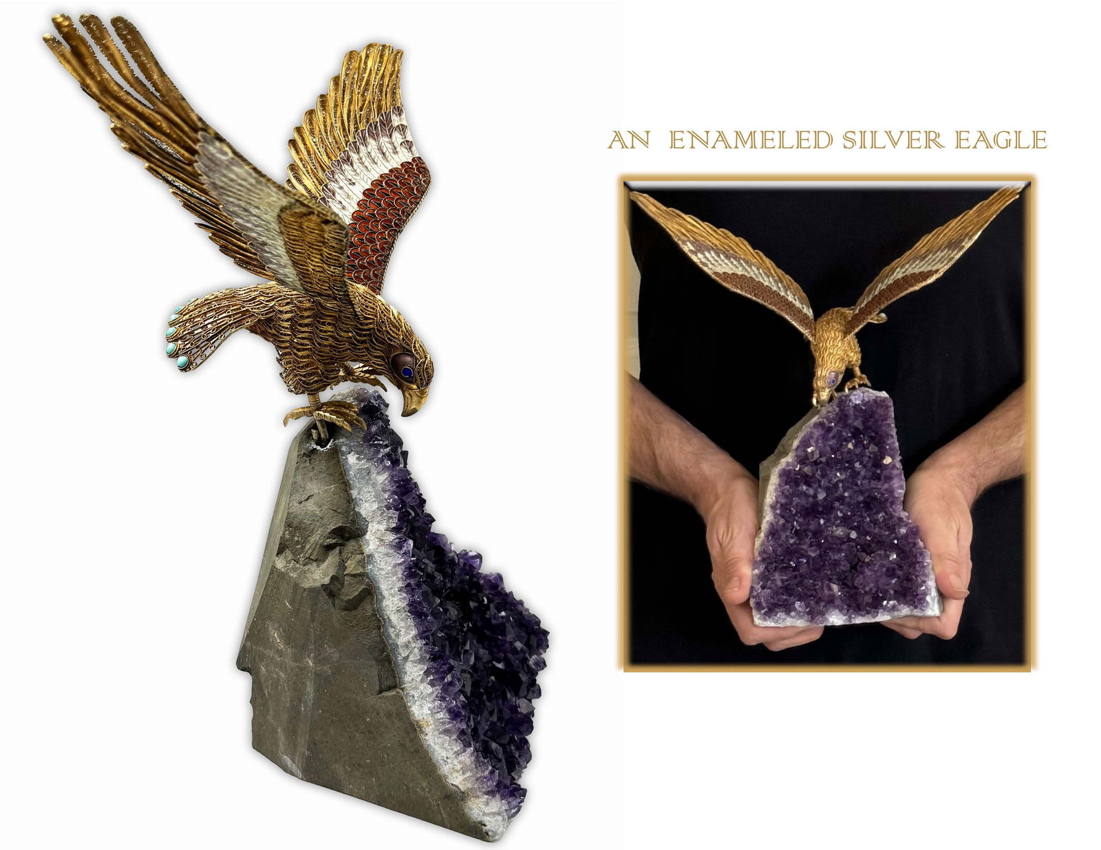 AN ENAMELED JEWELED SILVER FIGURINE OF EAGLE ON STONE: AN ENAMELED JEWELED SILVER FIGURINE OF EAGLE ON STONE. 7.5" 11" X H 12"