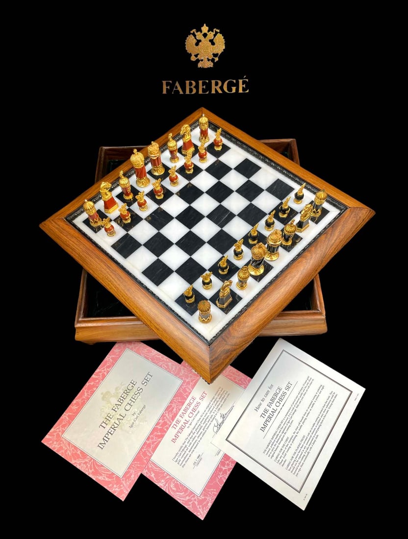 The Faberge Imperial Chess Set By Igor Carl Faberge, COA: The Faberge Imperial Chess Set By Igor Carl Faberge, COA. Total box size: 15.5" x 15.5" x H 4"