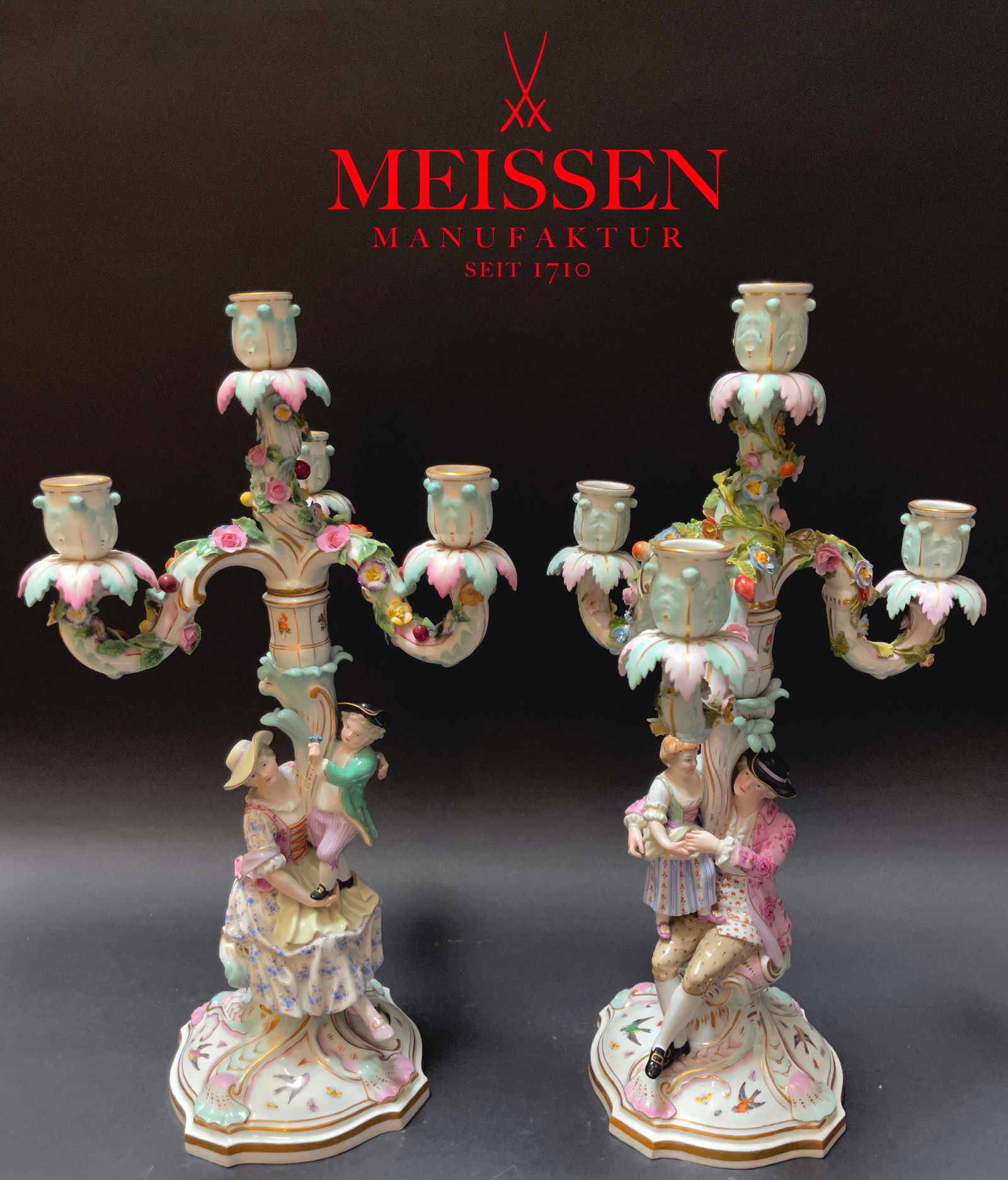 A Pair of 19th Century Meissen Porcelain Figural Candelabras, Hallmarked: A Pair of 19th Century German Meissen Hand Painted Porcelain Figural Candelabras, Hallmarked. 19" H x 9"