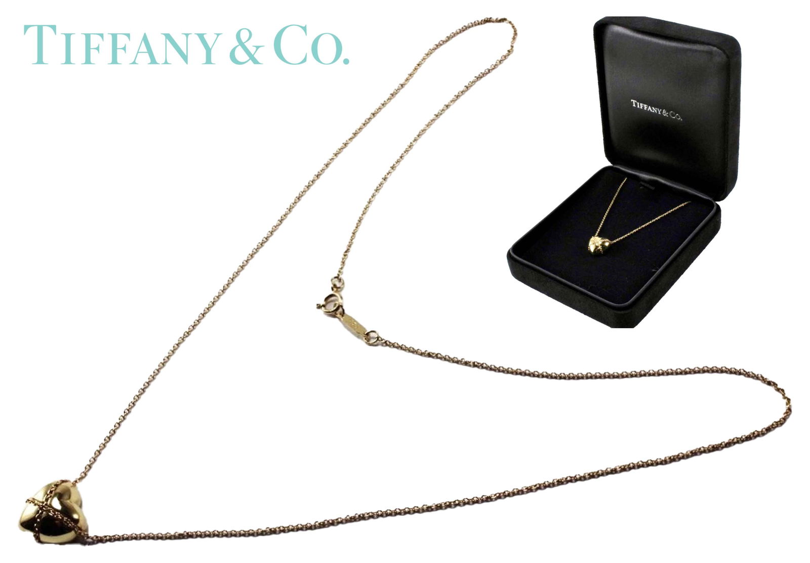 TIFFANY & Co. 750 18K GOLD PUFFED CHAINED HEART PENDANT NECKLACE, BOXED: TIFFANY & Co. 750 18K GOLD PUFFED CHAINED HEART PENDANT NECKLACE With original box. 6.11g, 18.5" L