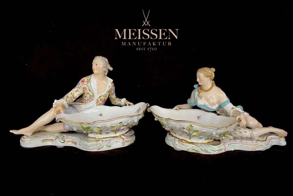 A Pair Of Large 19th C. German Meissen Figural Candy Dishes, Hallmarked: A Pair Of Large 19th C. German Meissen Hand Painted Porcelain Figural Candy Dishes, Hallmarked. H 7" x 7" x 12" (both)