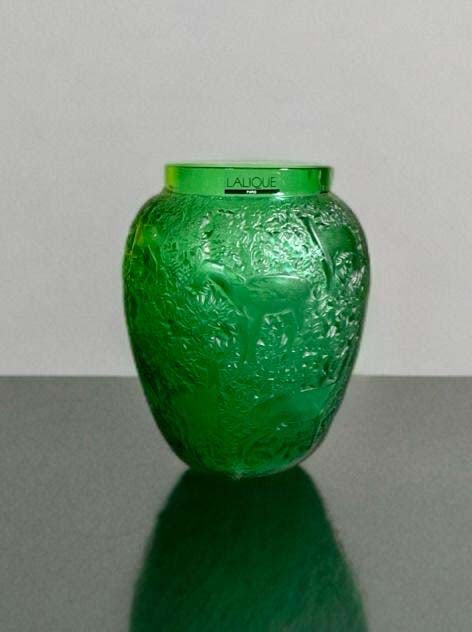 A French Lalique Green Art Glass Crystal Biches Pattern Vase, Signed: A French Lalique Green Crystal Biches Pattern Vase, Signed. H 6.5"
