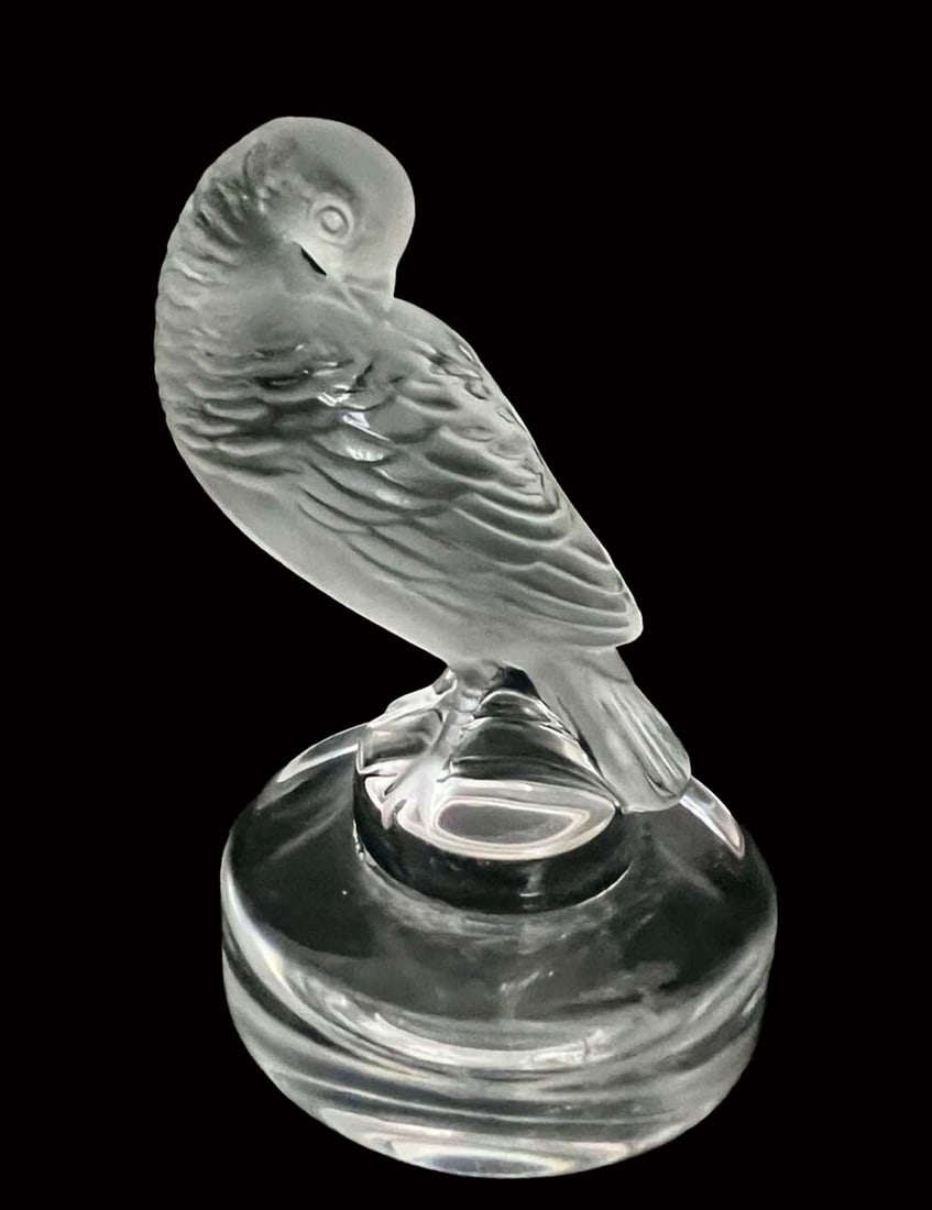 A French Lalique Tourterelle Preening Turtledove Crystal Figural Bird Paperweight, Signed: A French Lalique Tourterelle Preening Turtledove Crystal Figural Bird Paperweight, Signed. H 3"