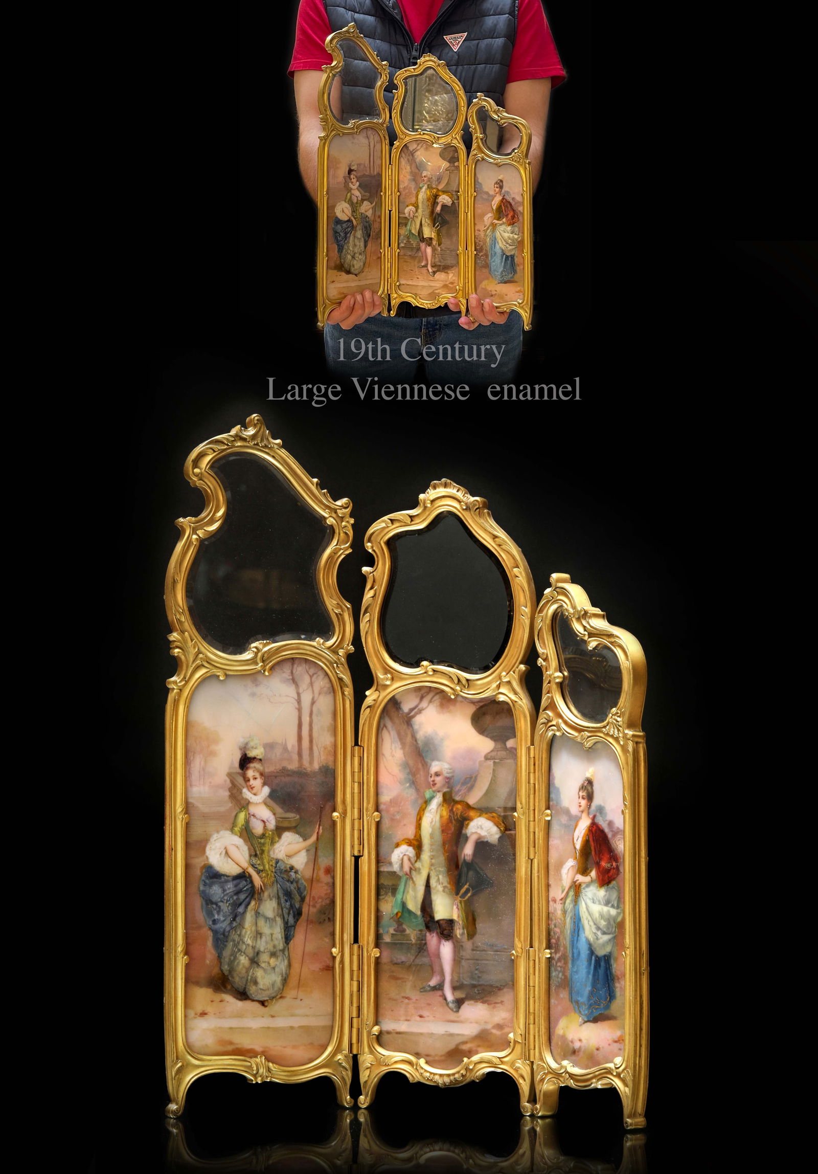 19th C. Viennese Enamel Gilt Bronze Miniature Panel Screen Room Divider (Paravan): 19th Century Austrian Viennese Hand Painted Enamel Gilt Bronze Miniature Paravan/Panel Screen Room Divider. 17.5" x 13.5"
