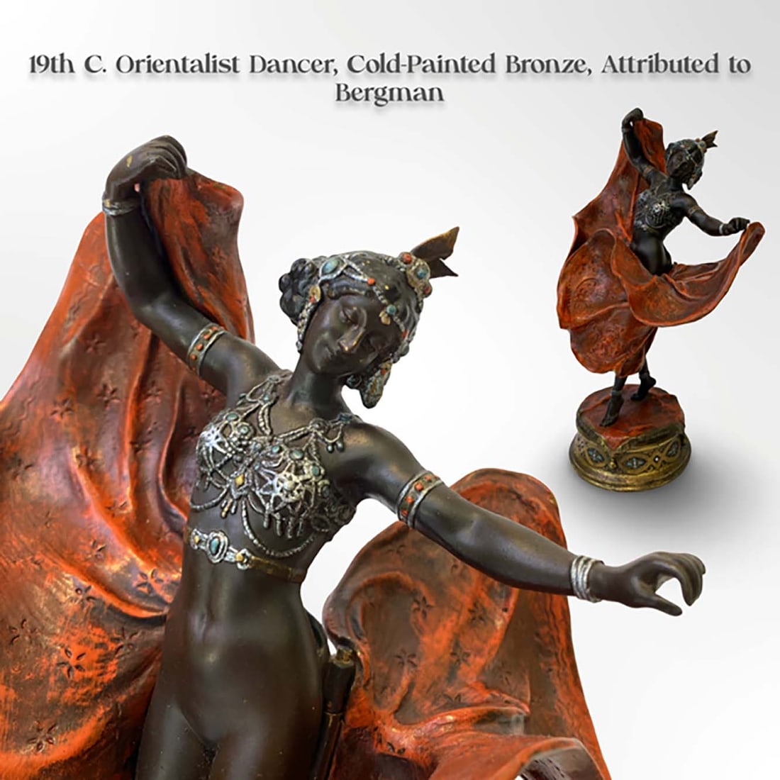 A Large 19th C. Cold-Painted Bronze Orientalist Dancer Figural Statue: 19th C. Cold-Painted Bronze Orientalist Dancer Figural Statue. Attributed to Bergman. Measurements: H 10.5" x L 7.25" x W 5"