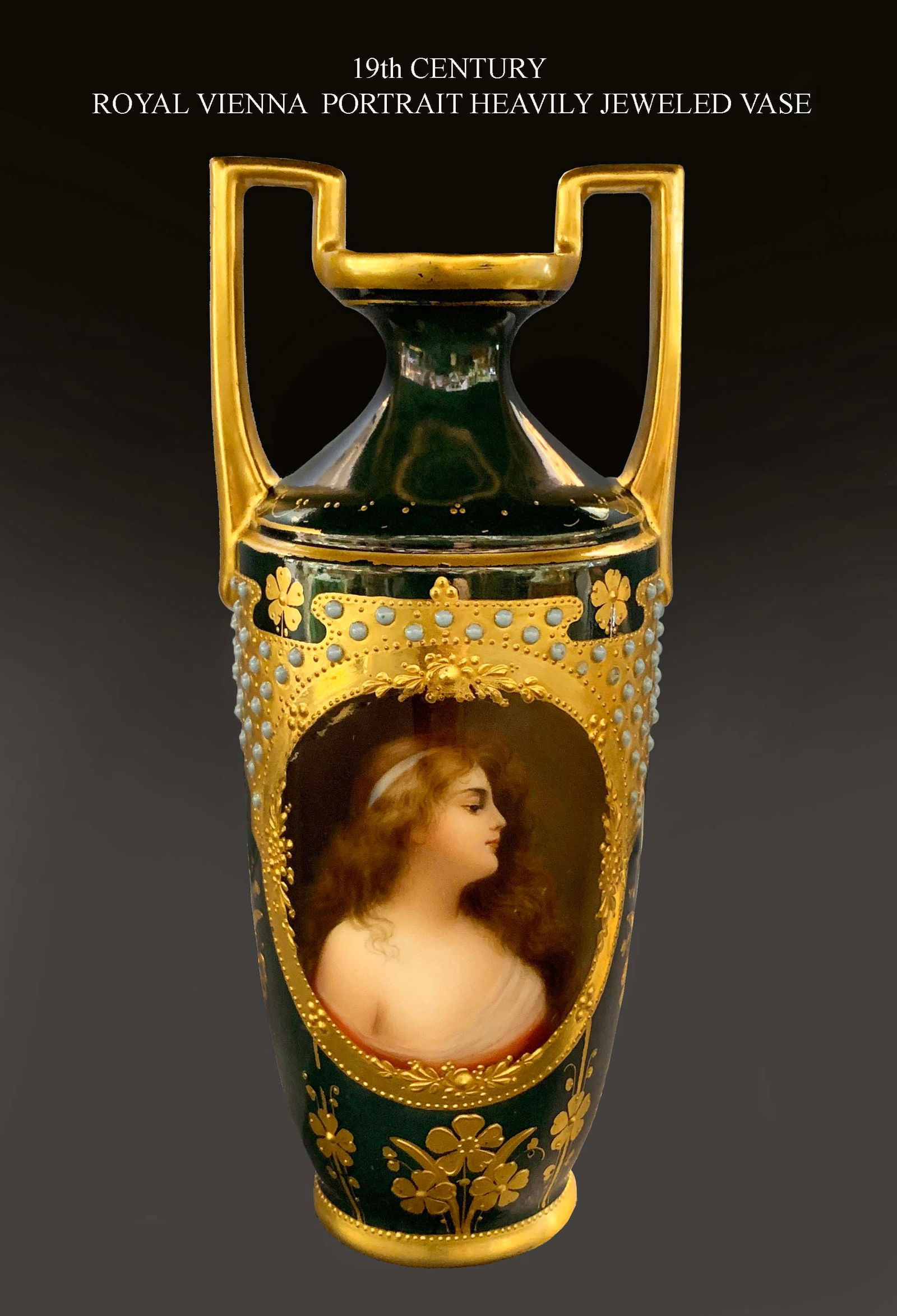 19th C. Royal Vienna Hand Painted Jeweled Vase: 19th C. Austrian Royal Vienna Hand Painted Portrait Heavily Jeweled Porcelain Vase. H 6.25"