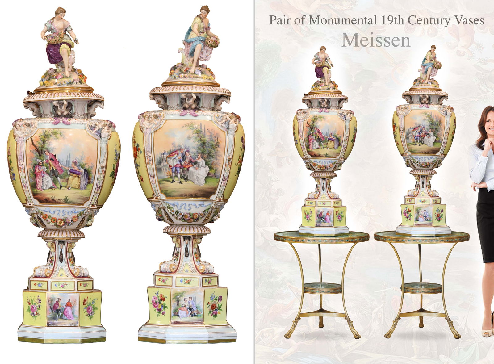 A Pair Of Monumental 19th C. German Meissen Hand Painted Porcelain Figural Lidded Vases/Urns: A Pair Of Monumental 19th C. German Meissen Hand Painted Porcelain Figural Lidded Vases/Urns. Note: The pedestals are NOT included! H 50" x D 15"