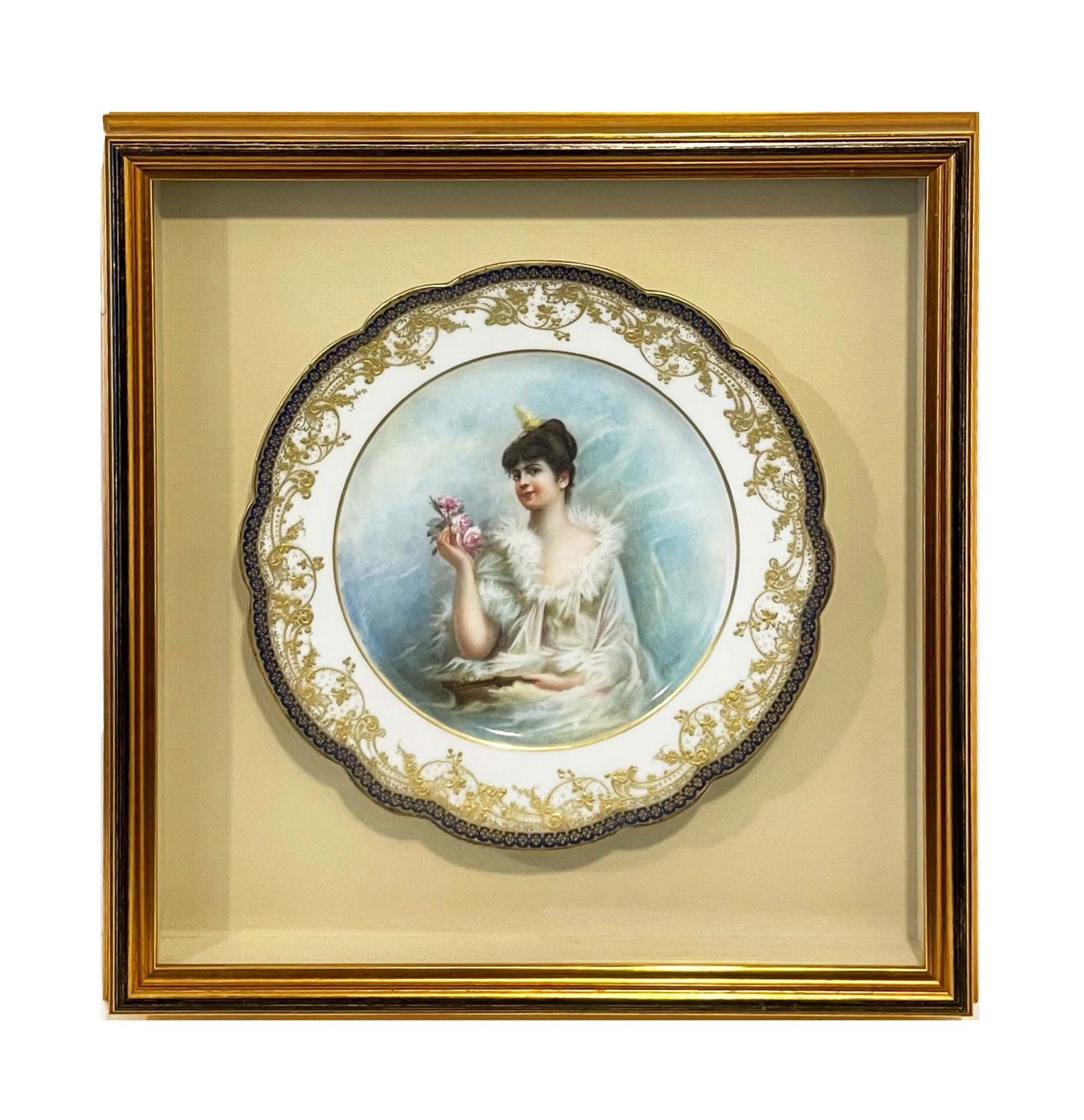 19th C. Hand Painted Porcelain Framed Decorative Wall Plate: 19th Century Hand Painted Porcelain Framed Decorative Wall Plate. Frame: 15" x 14.5"