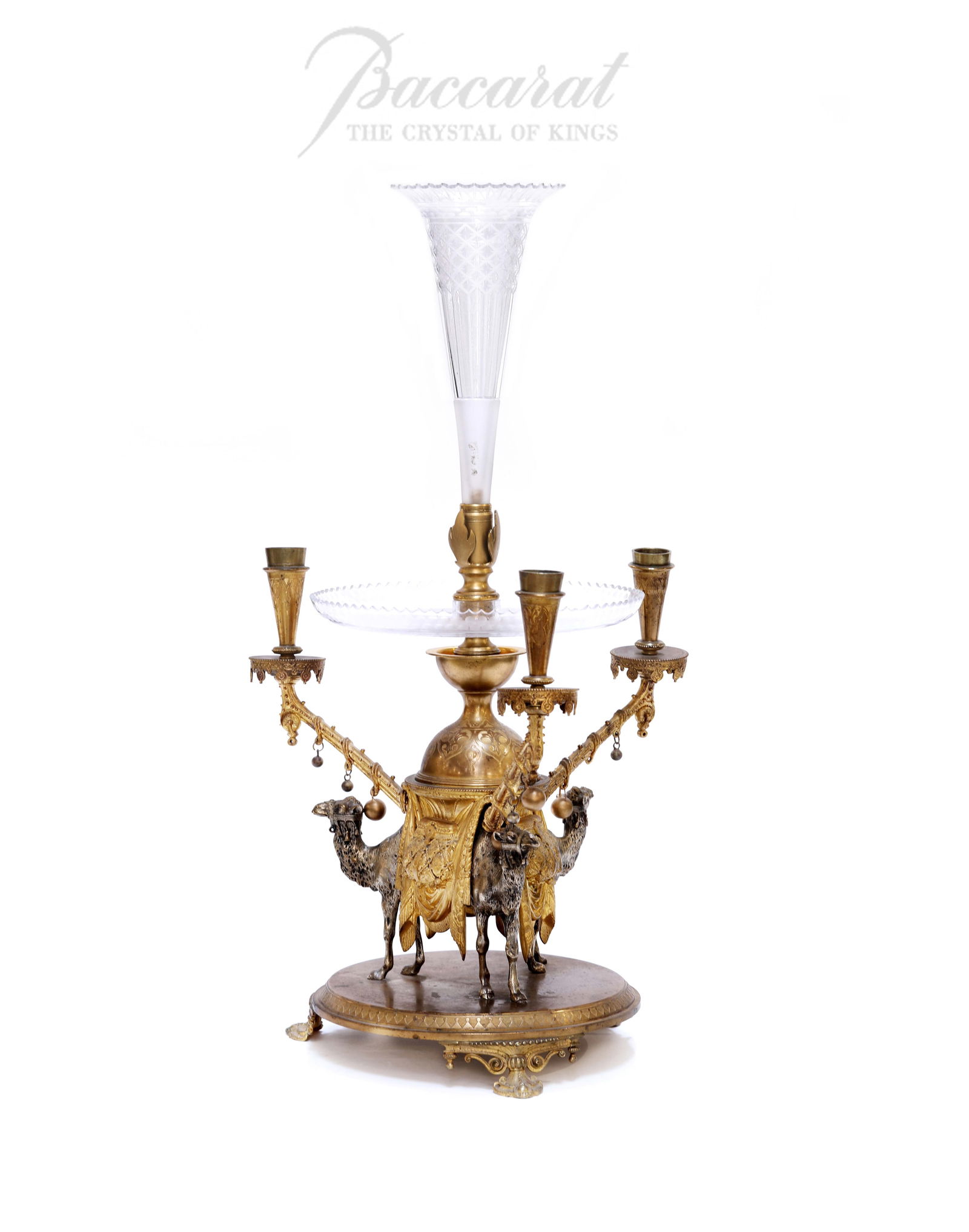 19th C. French Orientalist Baccarat Crystal Figural Bronze Centerpiece: 19th Century French Orientalist Baccarat Crystal Figural Bronze Centerpiece. H 23.5"