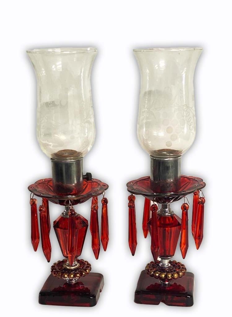 A Pair Of Glass & Crystal Boudoir Table Lamps: A Pair Of Glass & Crystal Boudoir Table Lamps. H 12"