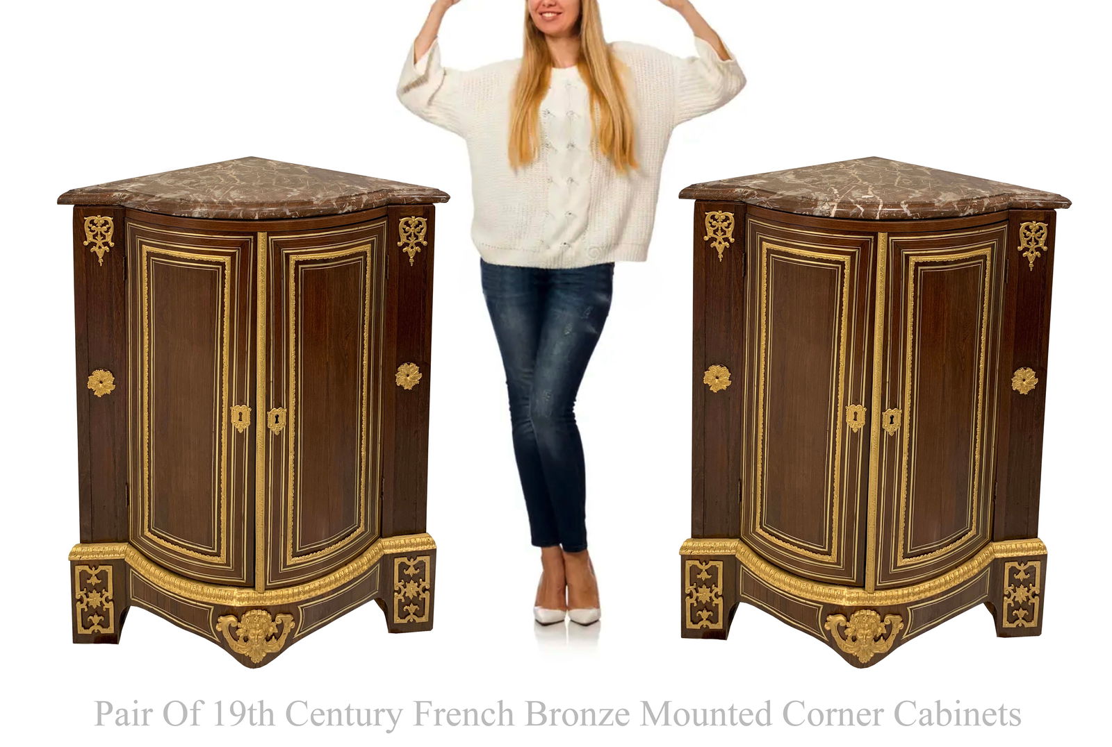 A Pair Of 19th C. French Bronze Mounted Corner Cabinets: A Pair Of 19th Century French Bronze Mounted Top Marble Corner Cabinets. 22" x 35" x H 42"