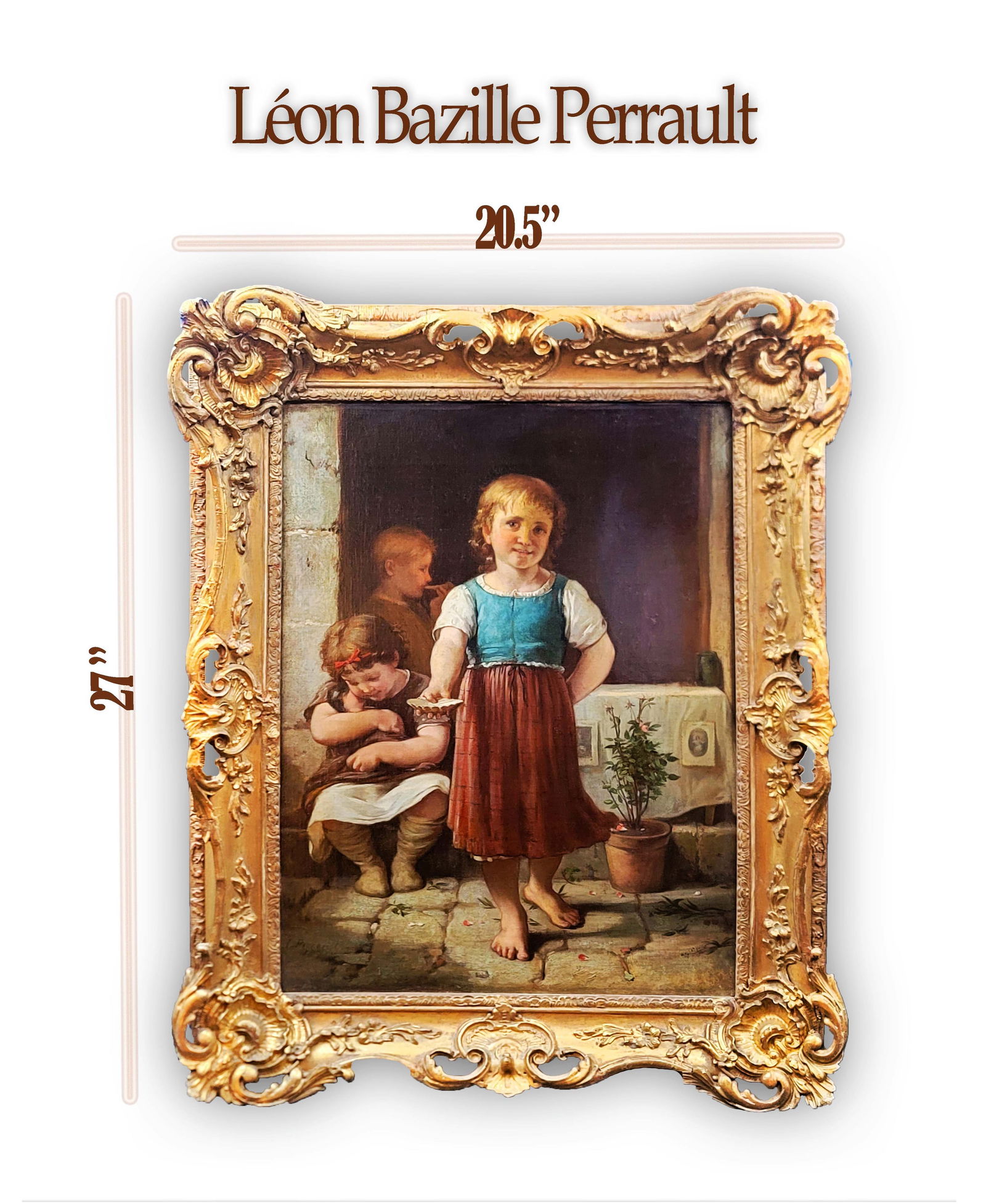 Children Still Life, 19th C. Oil On Canvas Framed Painting, Leon Bazille Perrault (1832 - 1908): Children Still Life, 19th C. French Oil On Canvas Framed Painting, Leon Bazille Perrault (1832 - 1908). Total size: 27" x 20.5". About Artist: Leon-Jean-Bazille Perrault (Poitiers 16 June 1832