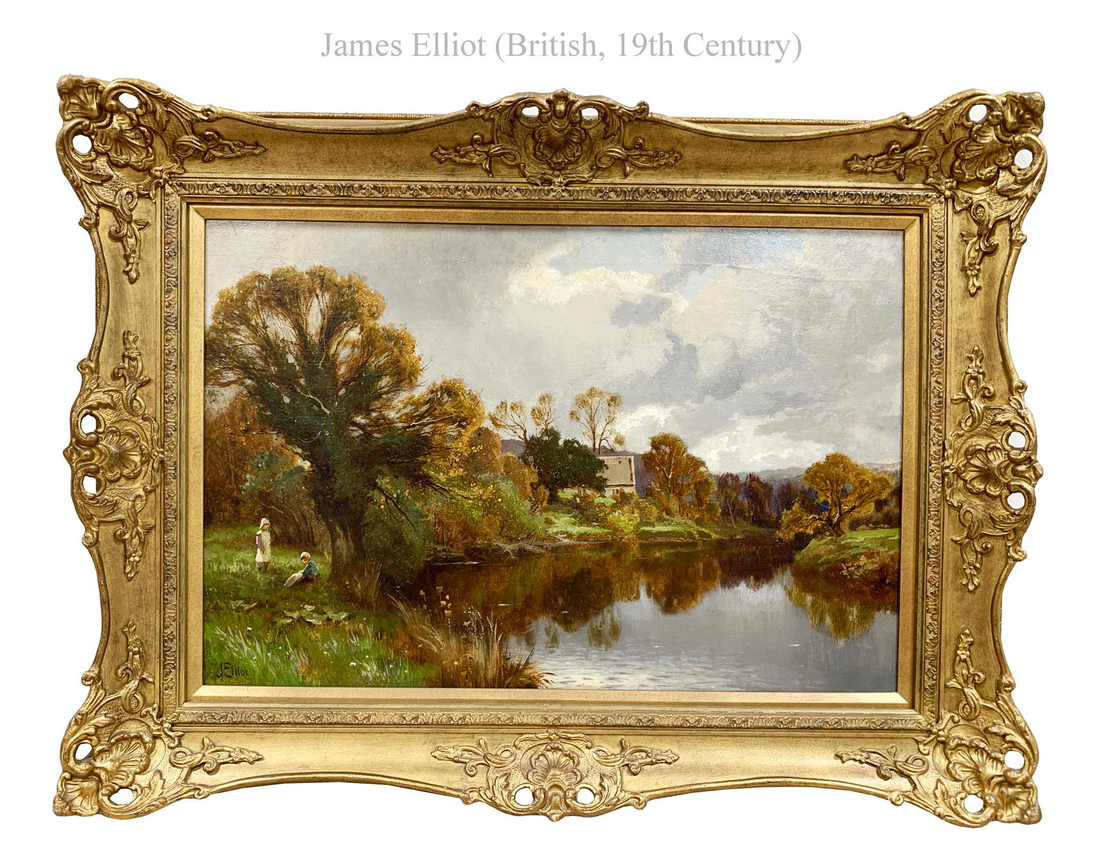 Beside Of River, 19th C. Oil On Canvas Painting, Signed: Beside Of River, 19th C. Oil On Canvas Painting Signed By James Elliot B.