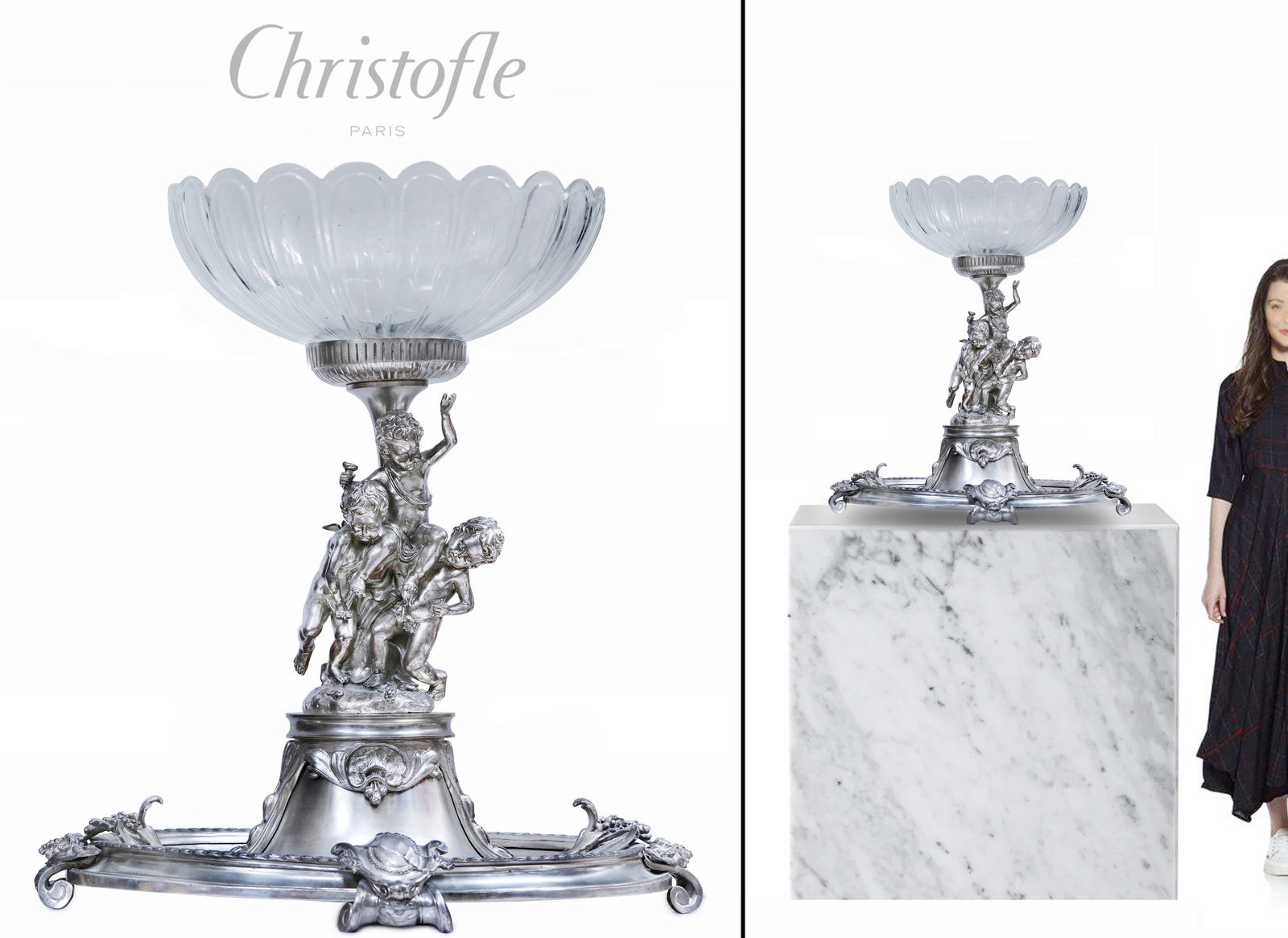 A Monumental Early 20th C. French Christofle Figural silver-plated Centerpiece: A Monumental Early 20th Century French Christofle Figural silver-plated Centerpiece. Note: The pedestal is NOT included. H 27.5"