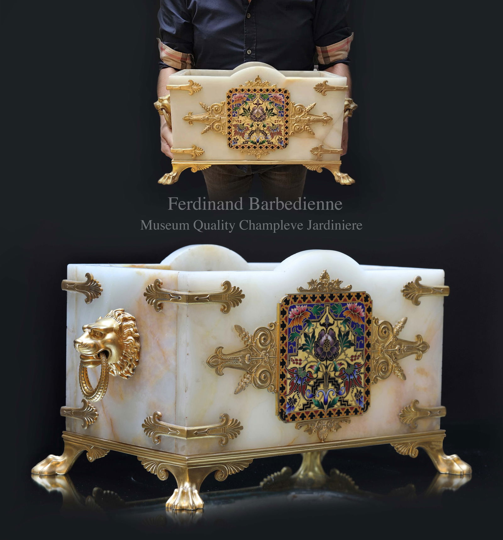 A Large Museum Quality 19th Century F. Barbedienne Champleve Bronze Onyx Jardiniere/Centerpiece: A Large Museum Quality 19th Century French F. Barbedienne Champleve Enameled Bronze Onyx Jardiniere/Centerpiece. 17" x 11" x H 10"
