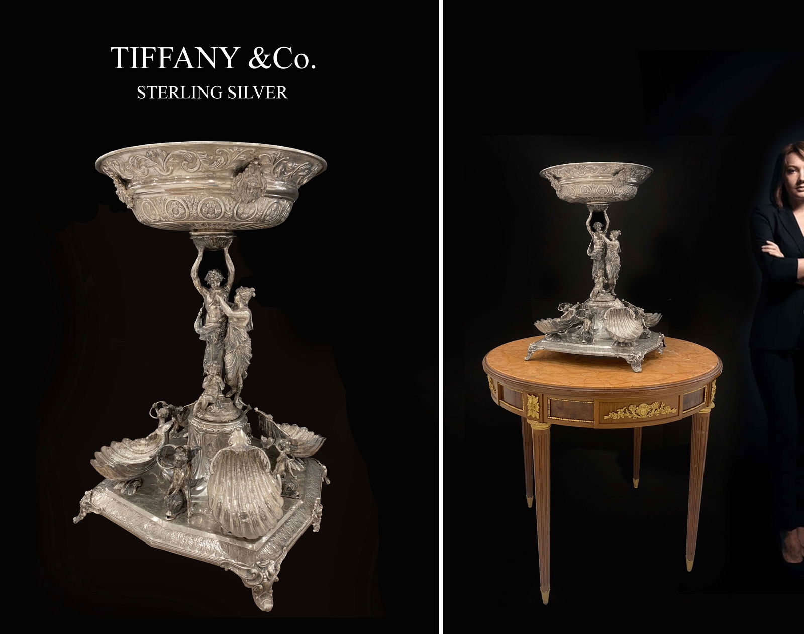 A Very Large 19th C. French Tiffany & Co. Figural Sterling Silver Centerpiece, Hallmarked: A Very Large 19th C. French Tiffany and Co. Figural Sterling Silver Centerpiece, Signed. 11683 grams, H 24", NOTE: the pedestal is NOT included!