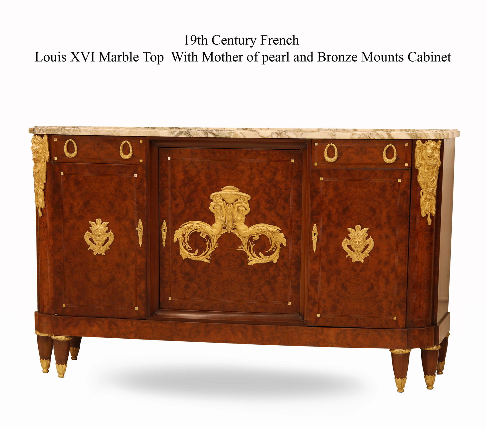 19th C. French Louis XVI Mother Of Pearl & Bronze Mounted Top Marble Cabinet: 19th C. French Louis XVI Mother Of Pearl & Bronze Mounted Top Marble Cabinet. H 40.5" x 68" x 24"