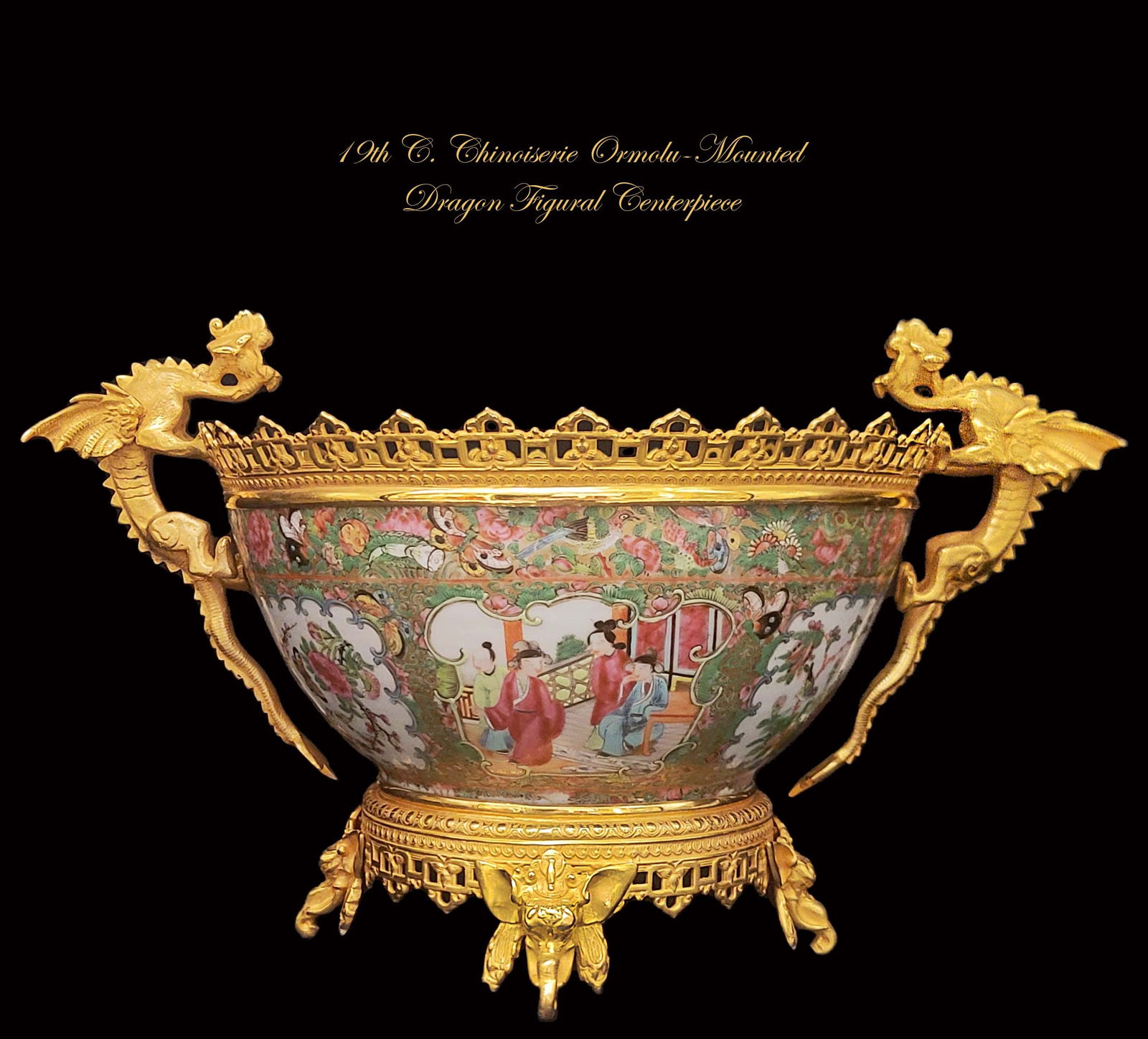 19th C. French Chinoiserie Style Hand Painted Ormolu-Mounted Dragon Figural Centerpiece: 19th C. French Chinoiserie Style Hand Painted Porcelain Bronze-Mounted Dragon Figural Centerpiece. H 10" x L 15.5"