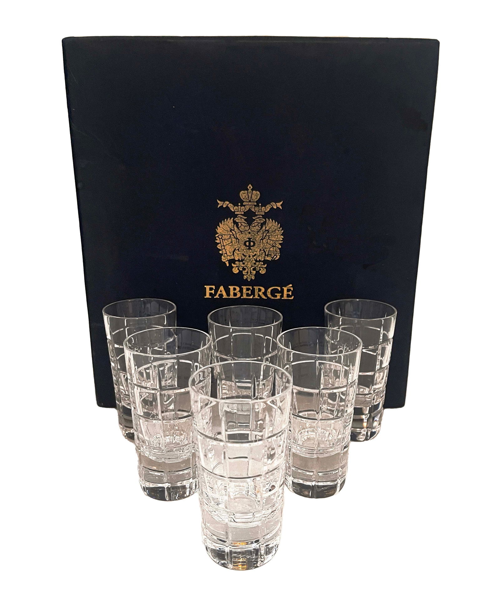 Six Faberge Clear Crystal Shot Glasses, Signed & Boxed: FABERGE SIGNED 6 CLEAR CRYSTAL SHOT GLASSES IN DESIGNED BLUE VELVET CASE. 2" D x 4" H