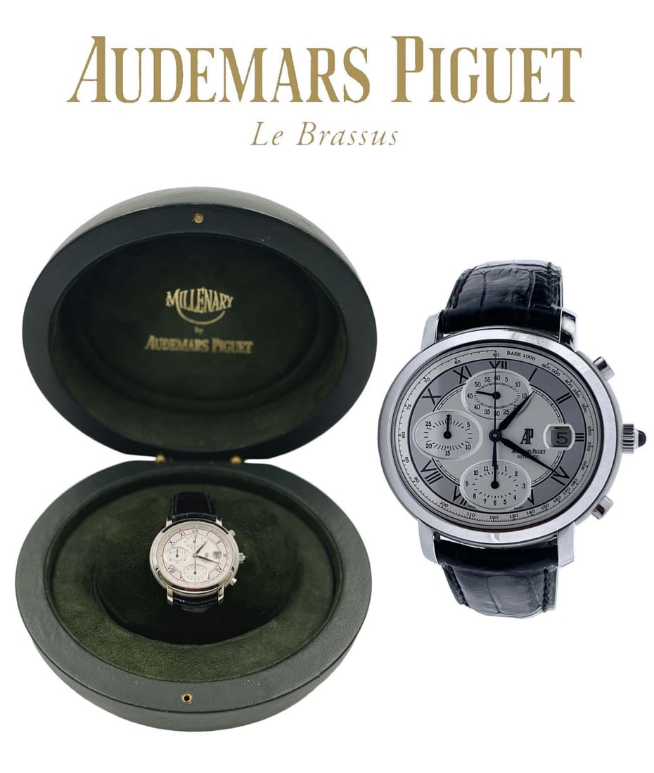 An Audemars Piguet Millenary Chronograph Men watch, Boxed: This is an Audemars Piguet Millenary Chronograph . It has an alligator leather strap with an Audemars Piguet double deployment clasp, and a scratch resistant sapphire crystal. It has a pull out